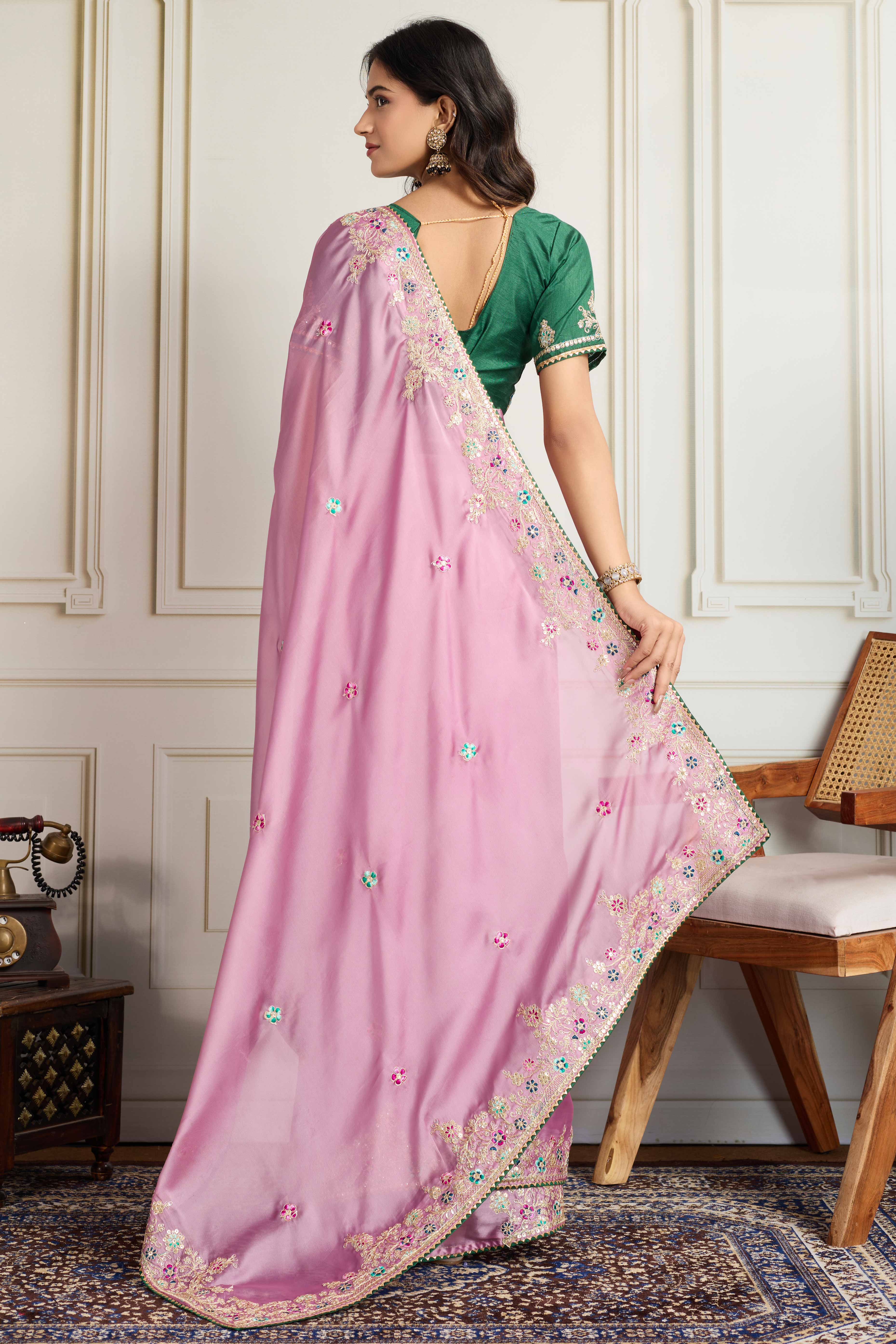 Pink Star Georgette Party Saree with Sequins and Floral Embroidery