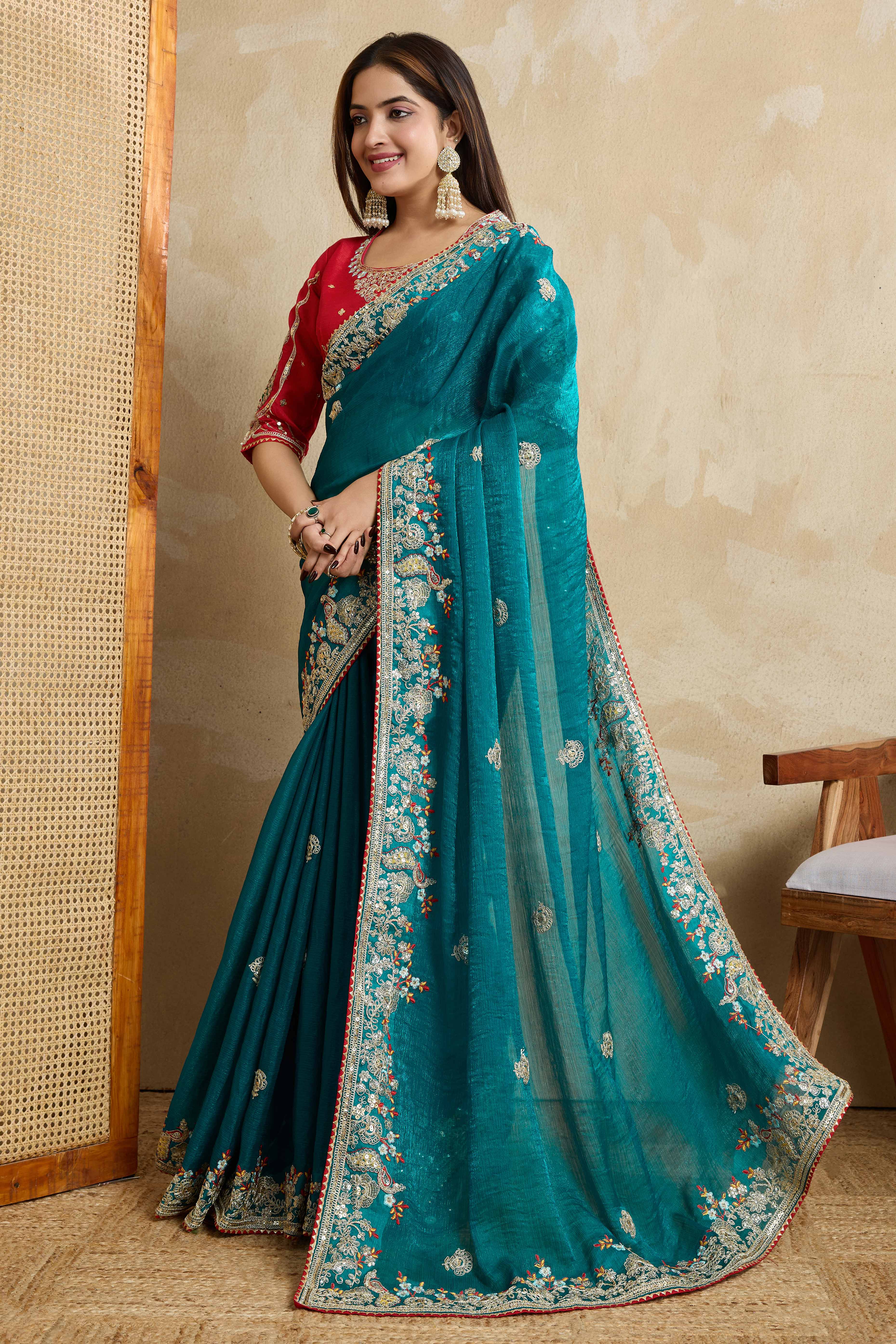 Rama Blue Chiffon Saree With intricate Floral Cording Embroidery & Shimmering Sequins Work