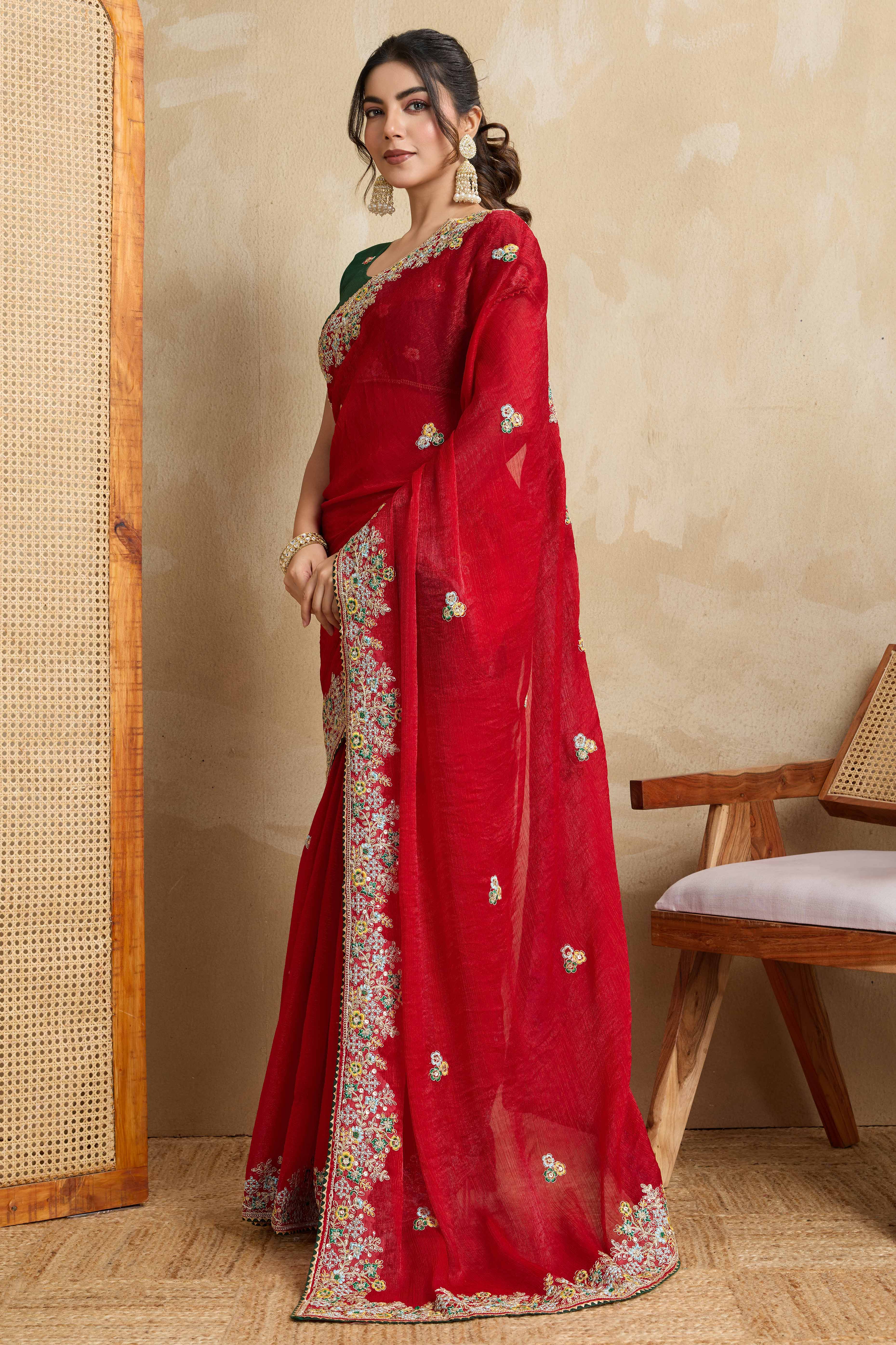 Luxe Frendy Chiffon Saree in Bold Red with Delicate Floral Embroidery