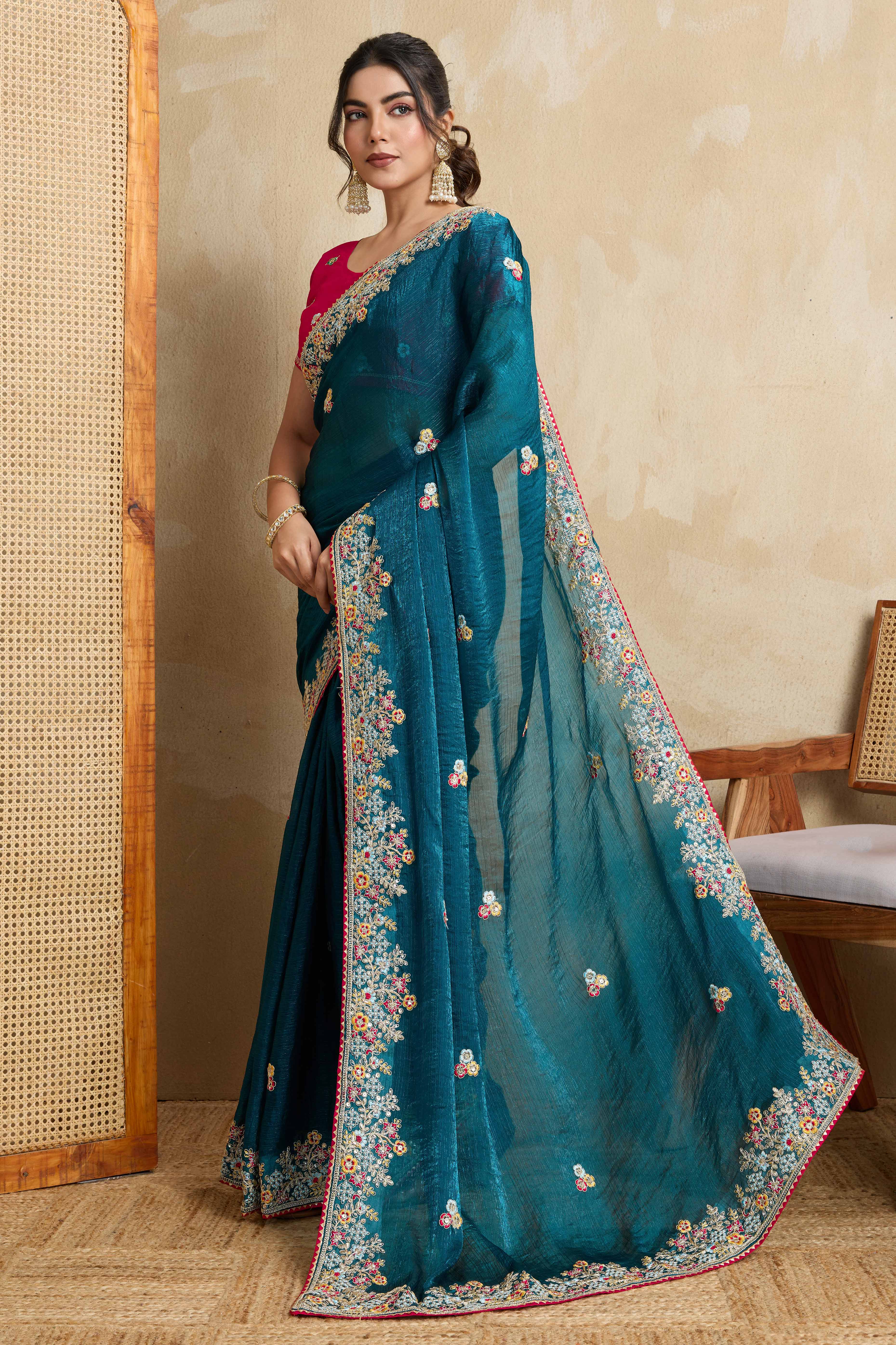 Luxe Frendy Chiffon Saree in Bold Teal with Delicate Floral Embroidery