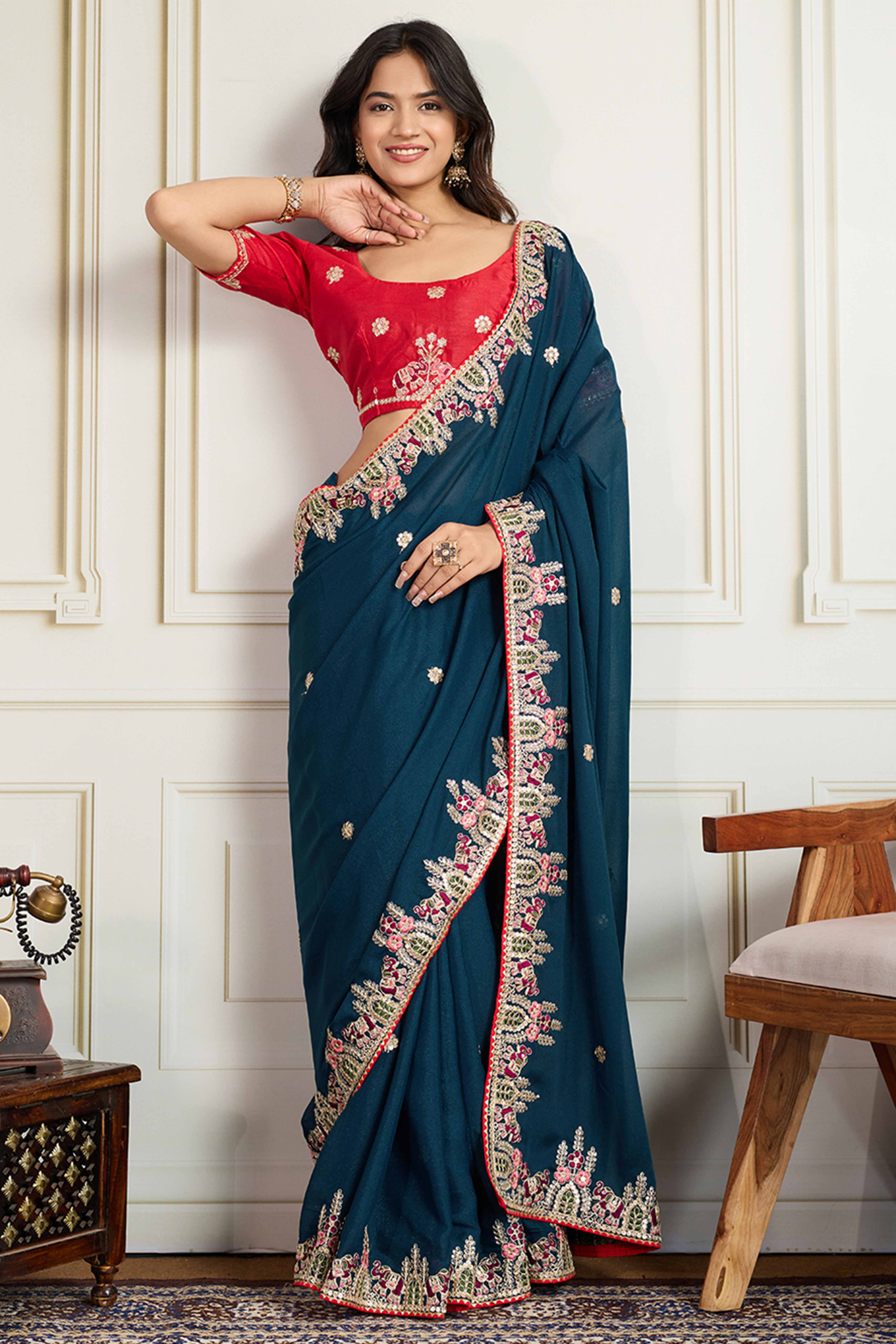 Dark Teal Blue Georgette Saree Featuring Floral Cording Embroidery & Shimmering Sequins Work