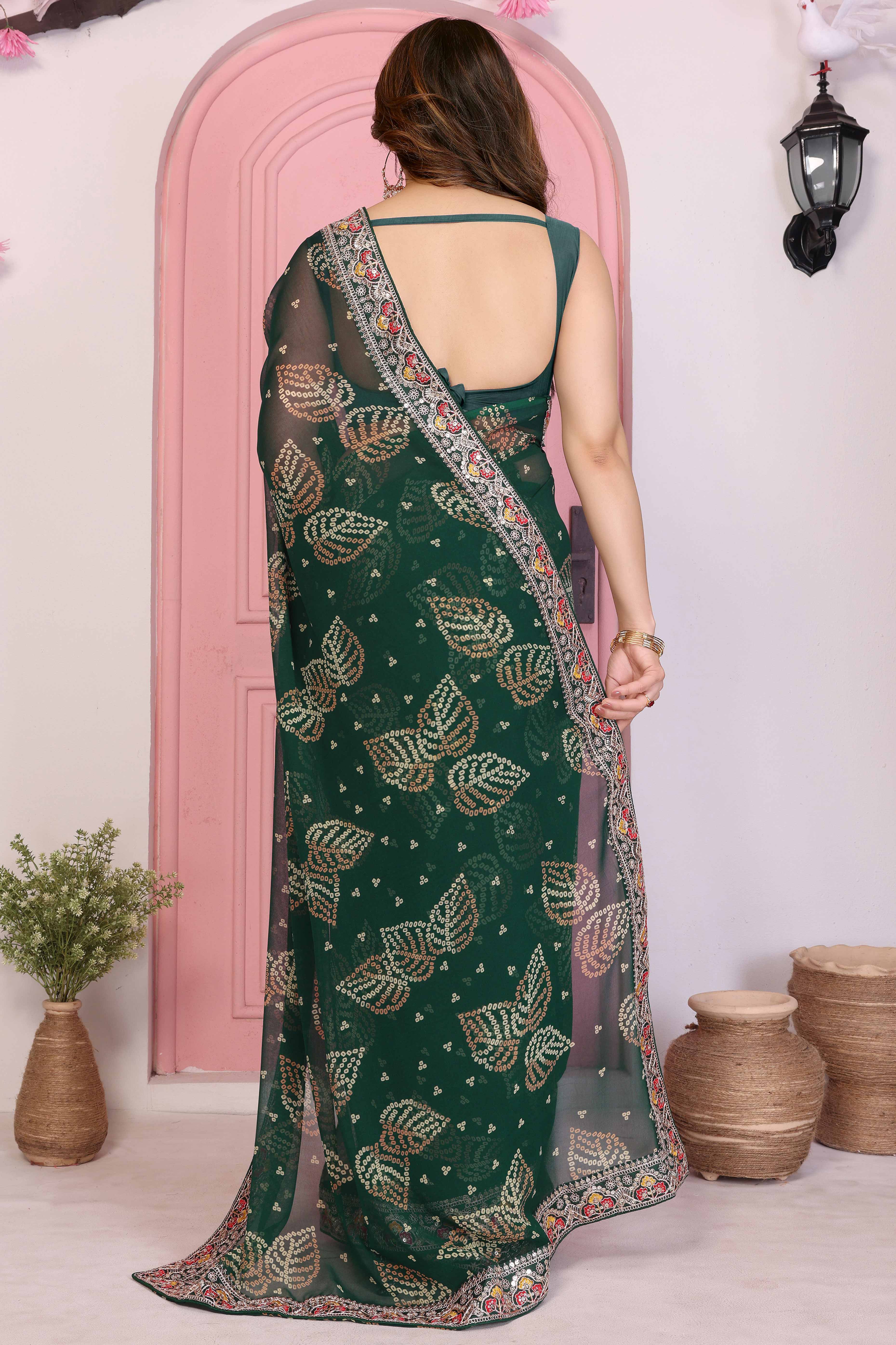 Dark Green Georgette Saree with Traditional Bandhani Print and Lace Accents
