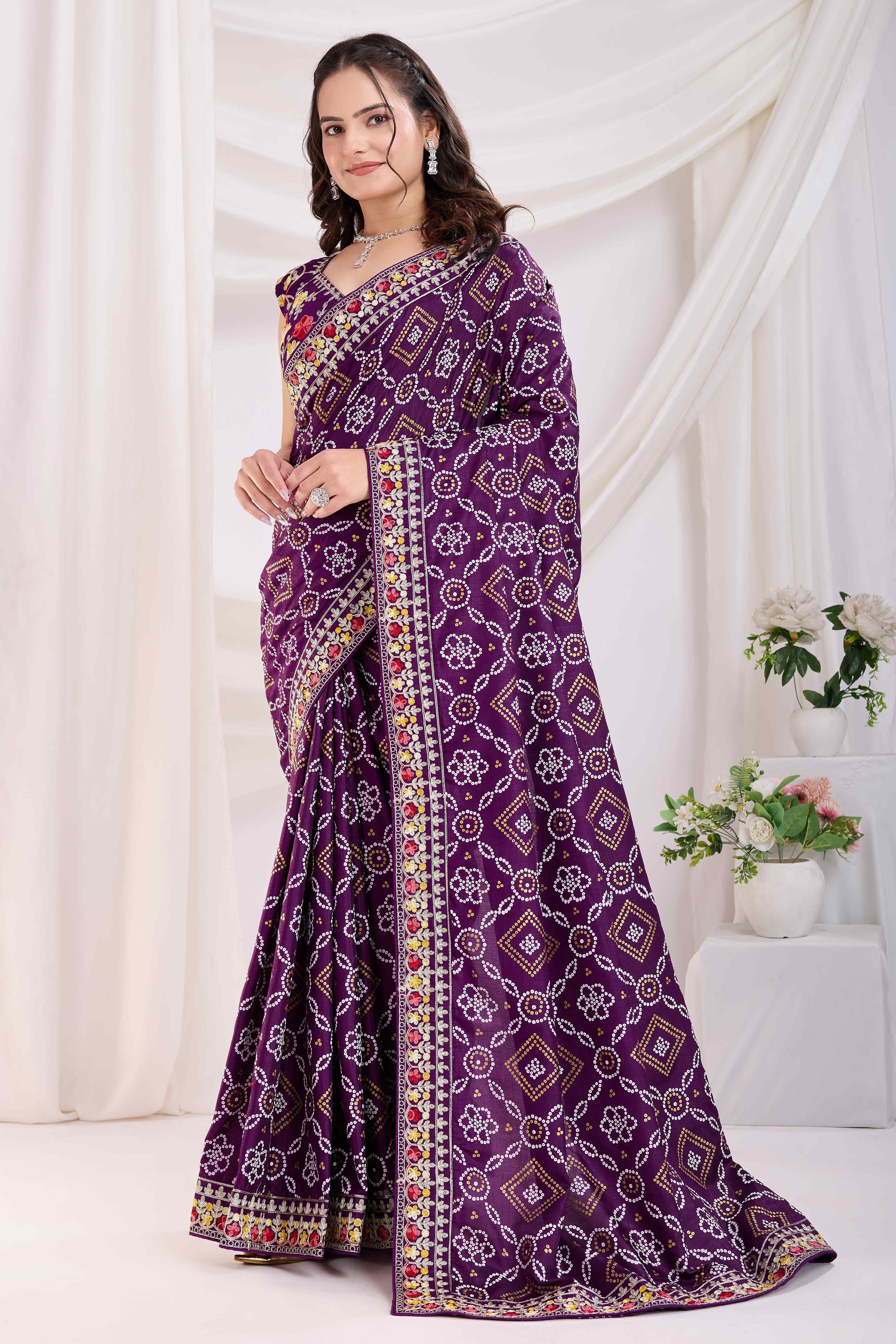 Wine Bandhani Printed Vichitra Silk Saree With Embroidery Border