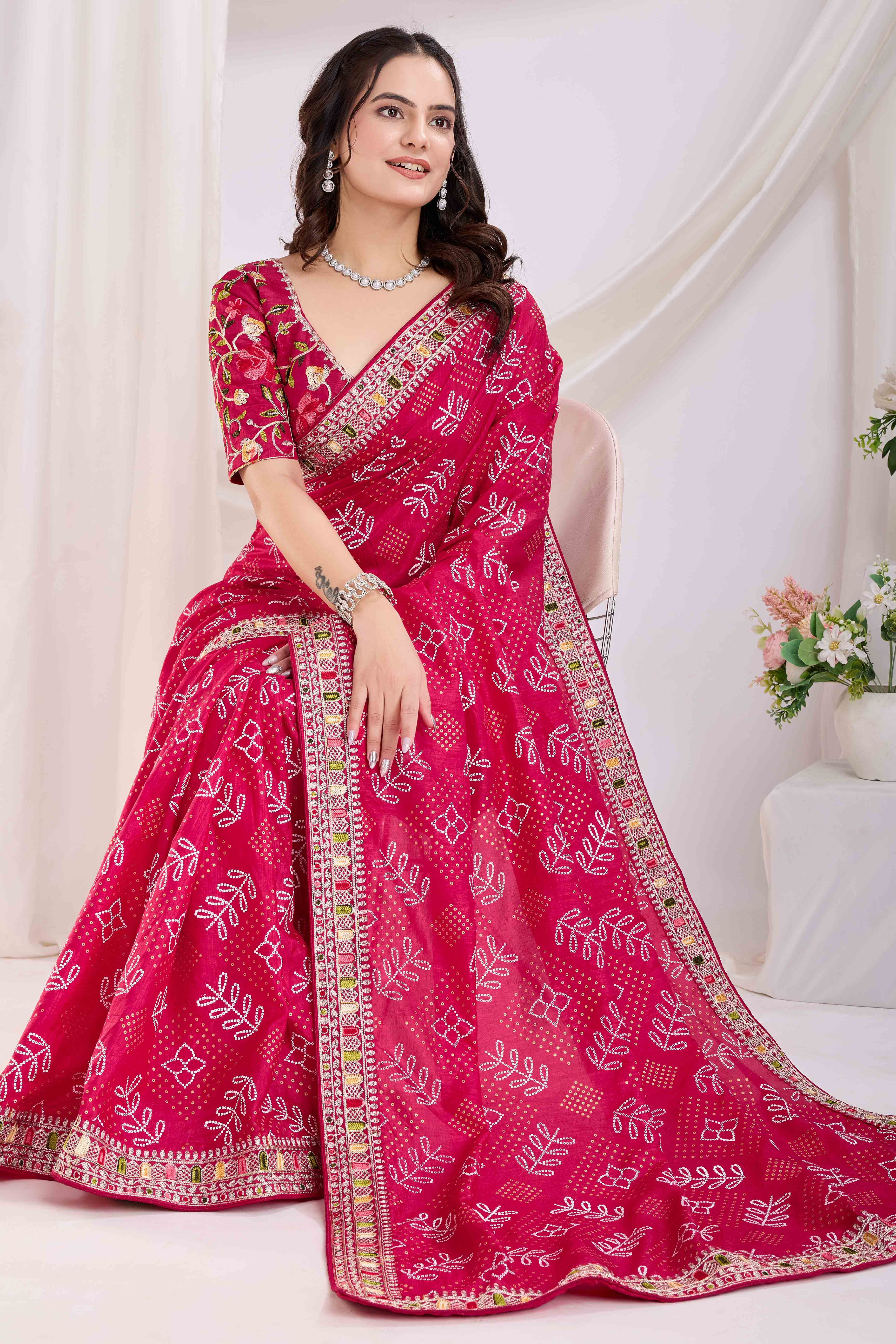Rani Pink Bandhani Printed With Embroidered Border Vichitra Silk Saree
