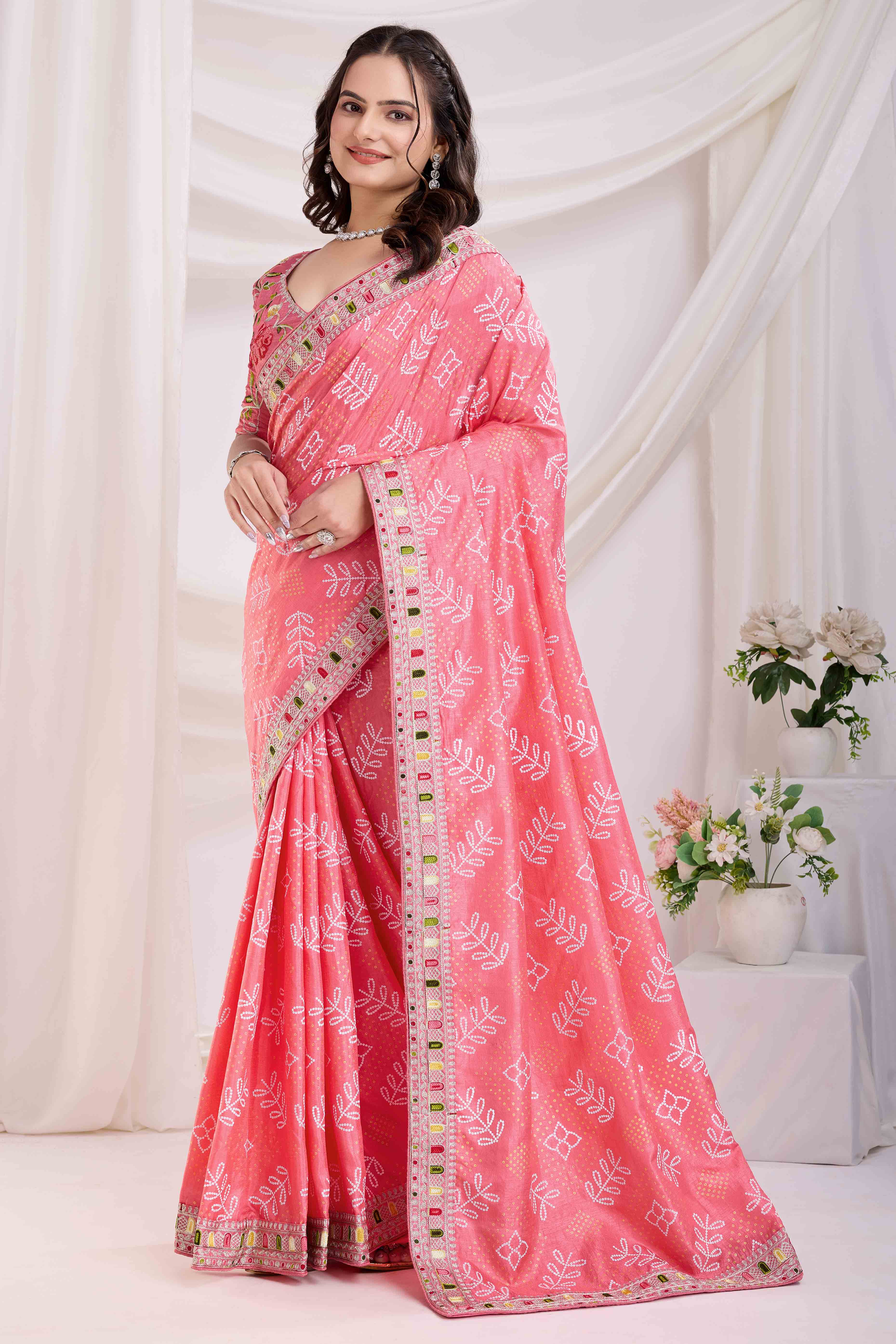 Pink Bandhani Printed With Embroidered Border Vichitra Silk Saree