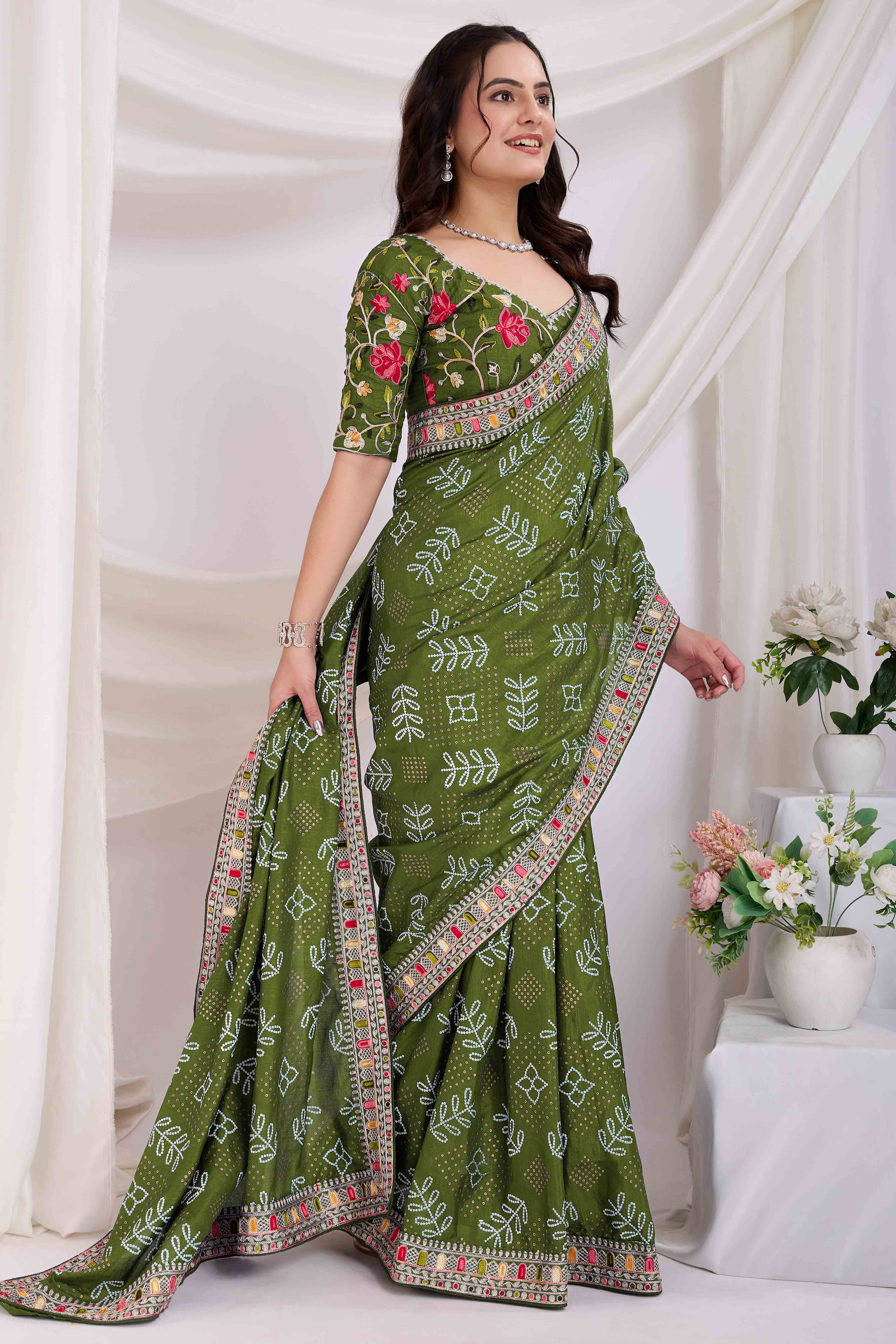 Green Bandhani Printed With Embroidered Border Vichitra Silk Saree