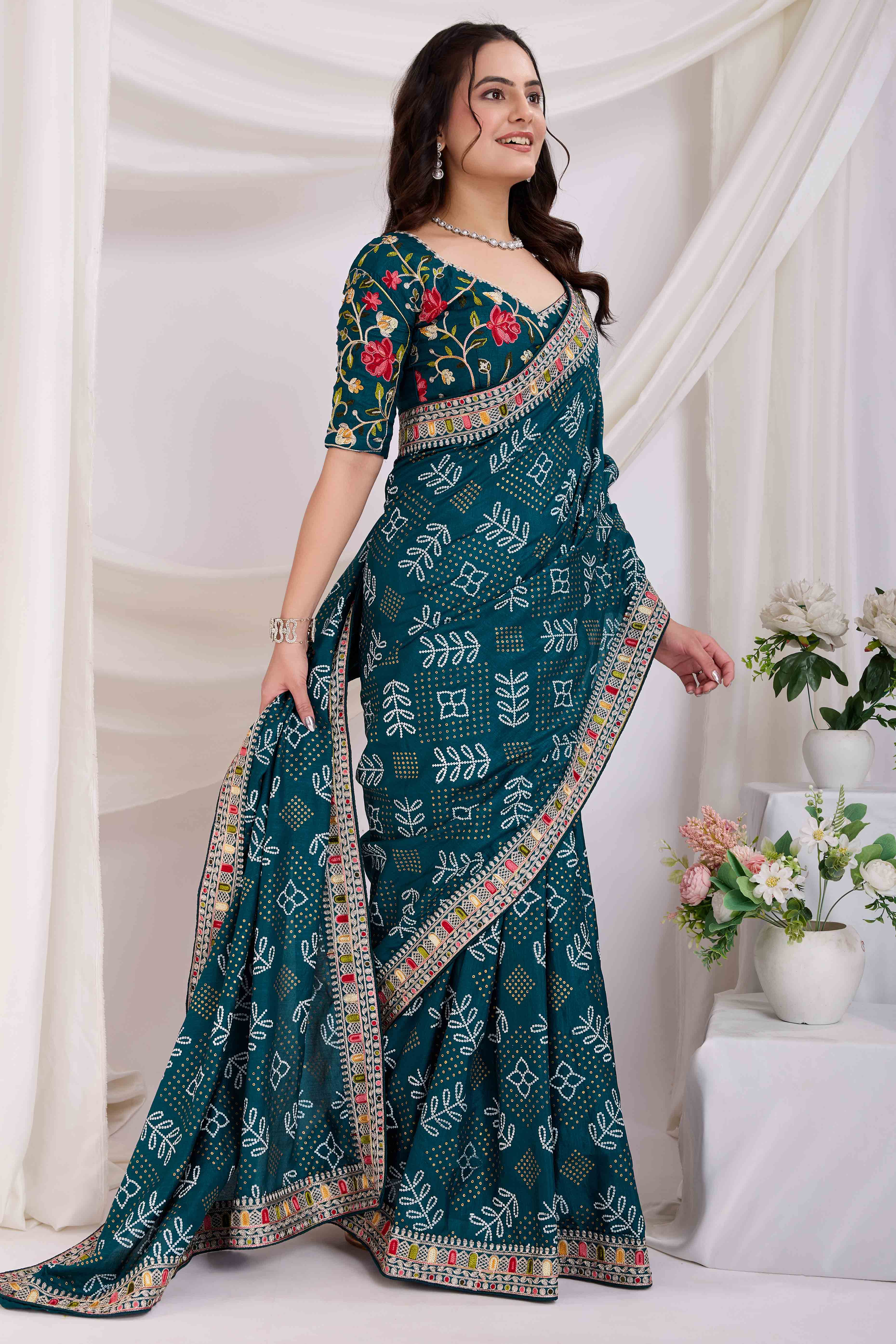 Teal Bandhani Printed With Embroidered Border Vichitra Silk Saree