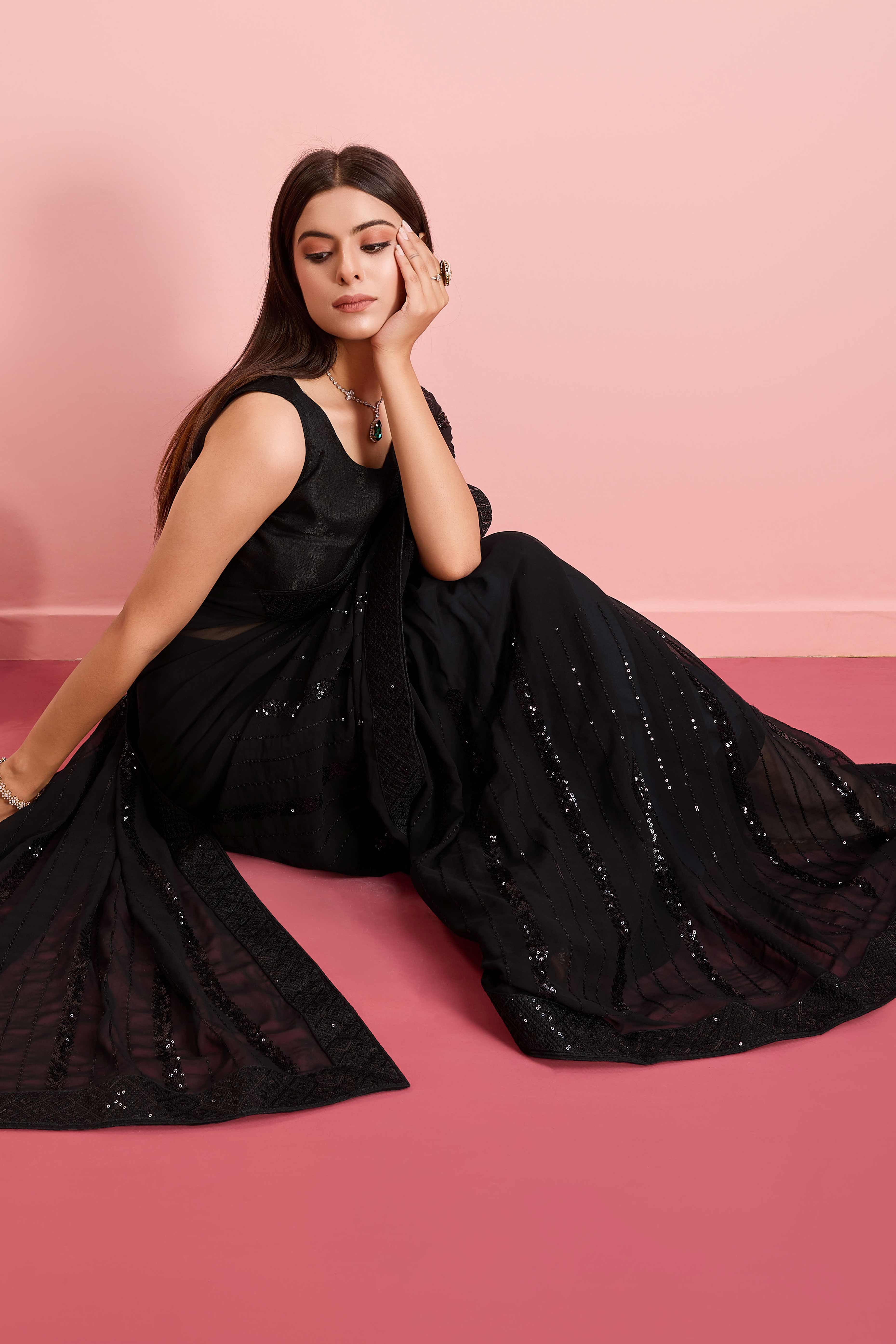 Black Sequins Embroidered Georgette Saree