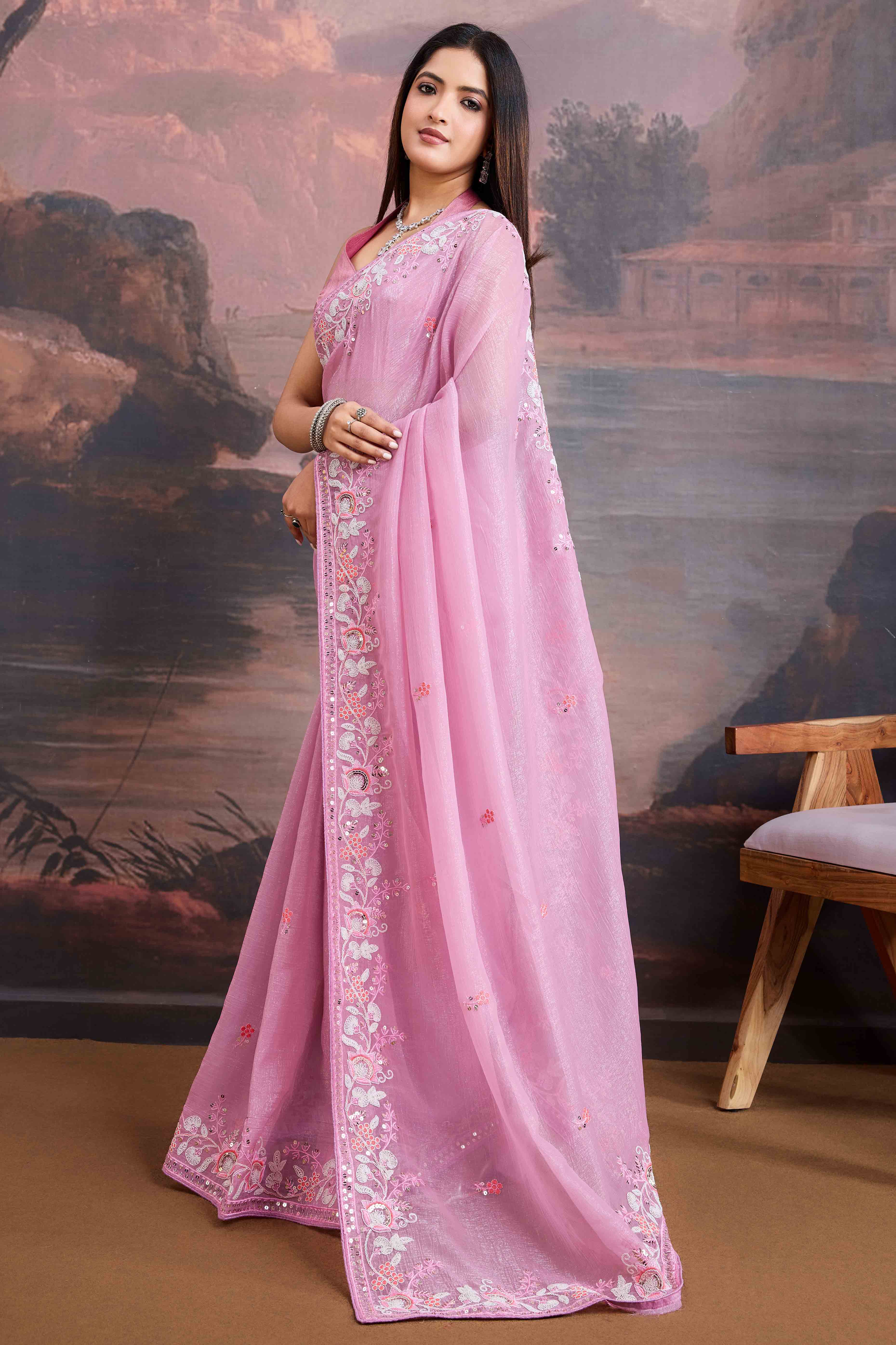 Pink Floral Sequins Embroidered Organza Saree