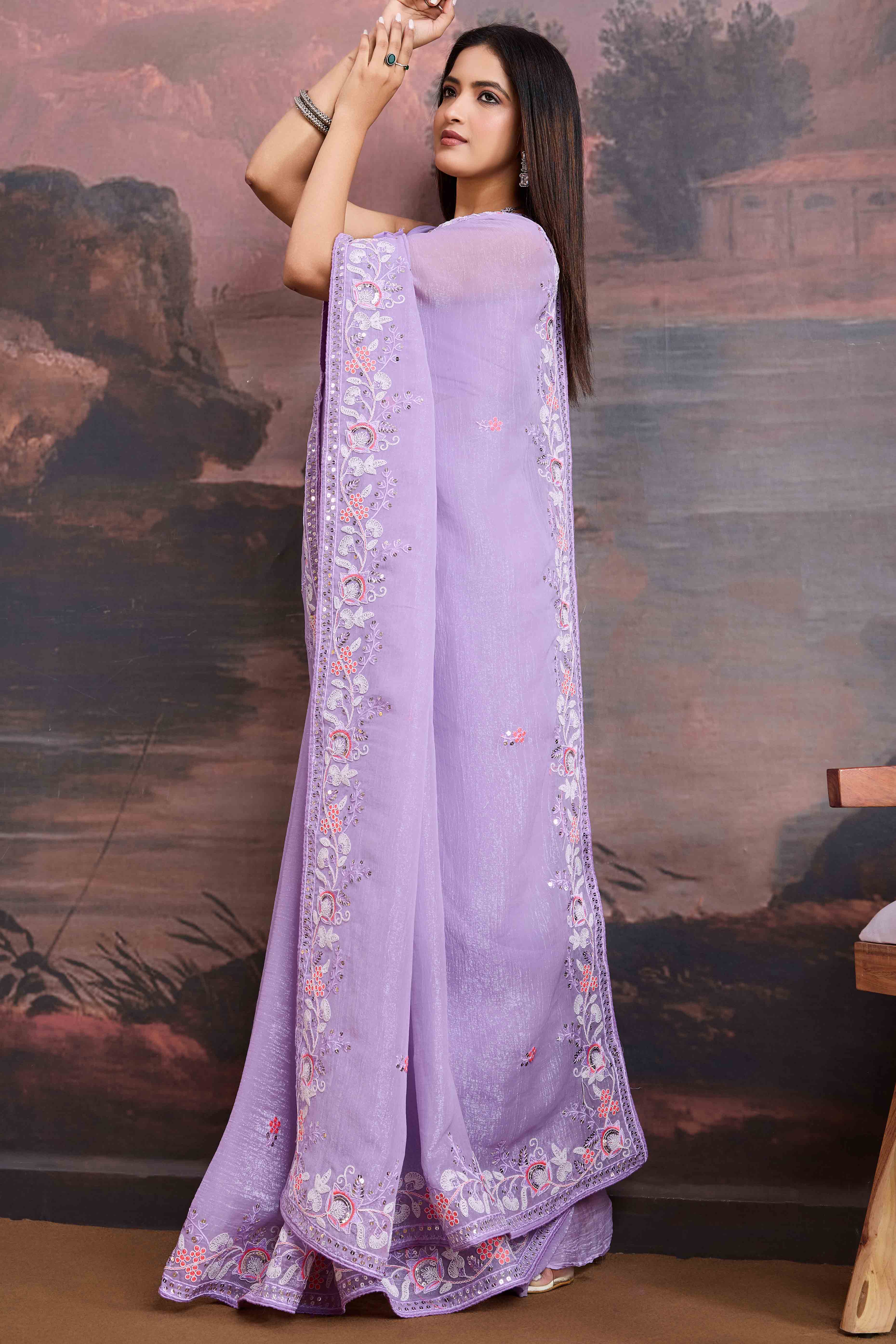 Lavender Floral Sequins Embroidered Organza Saree