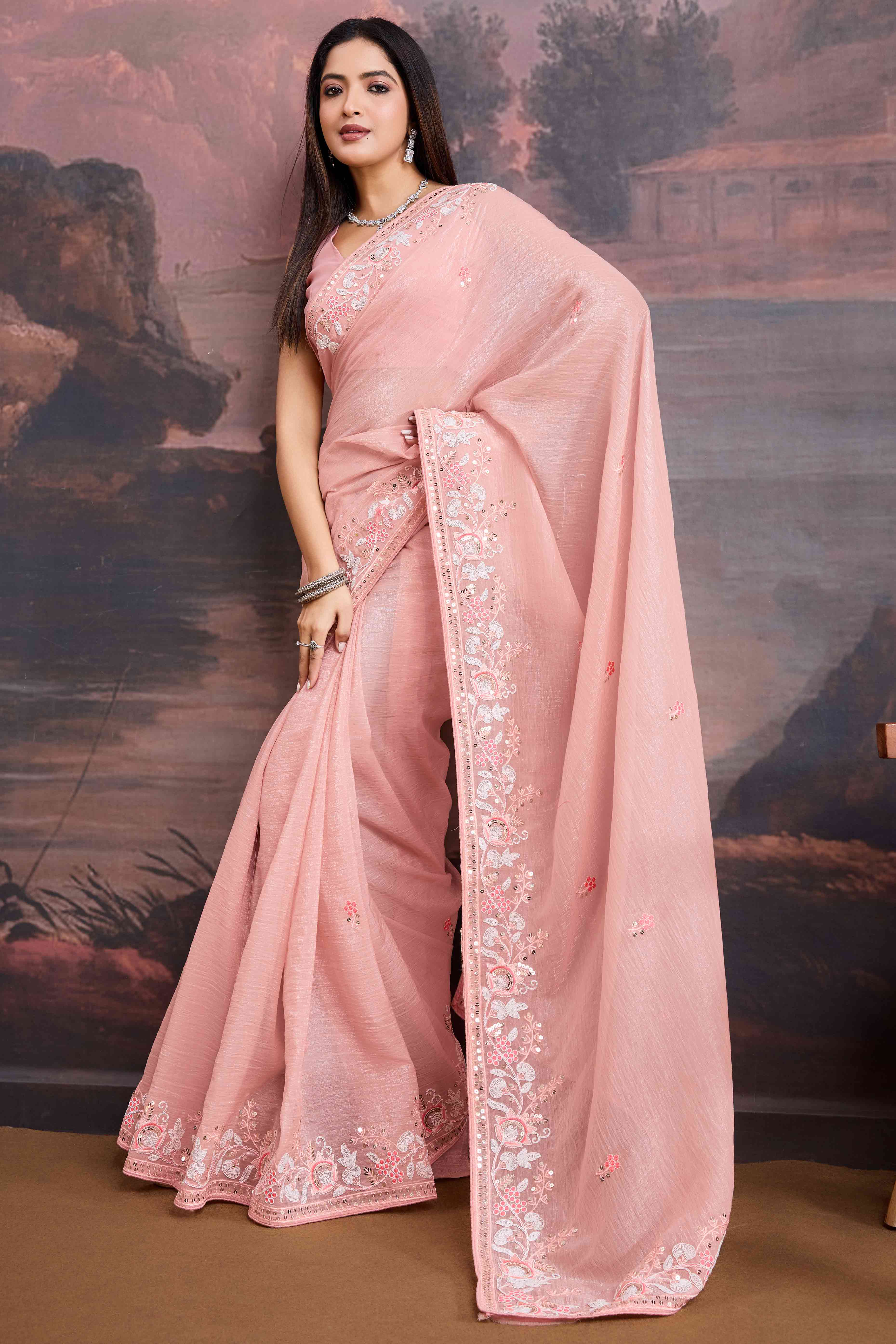 Peach Floral Sequins Embroidered Organza Saree