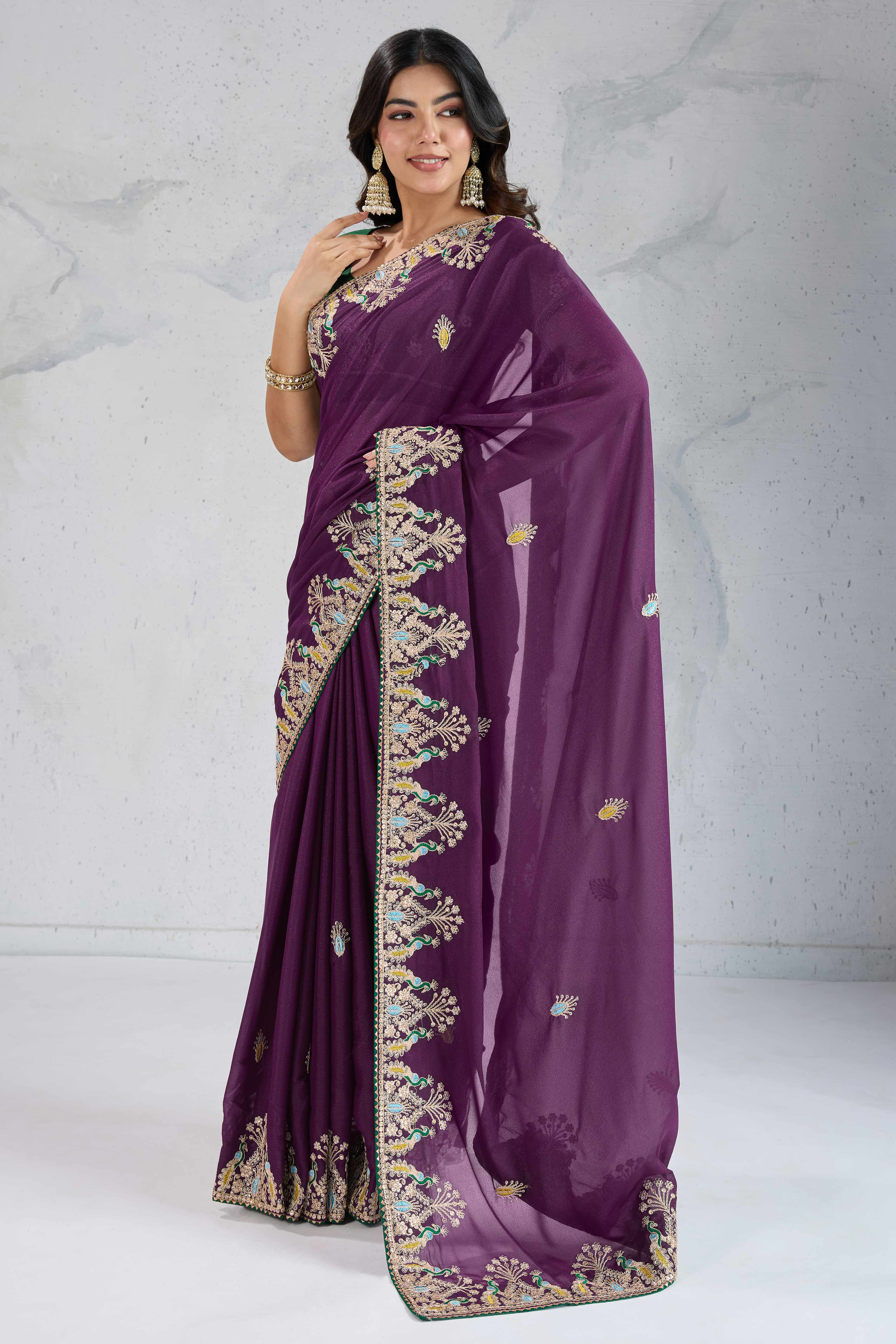 Purple Embroidered Saree with Ethnic Detailing in Georgette Fabric