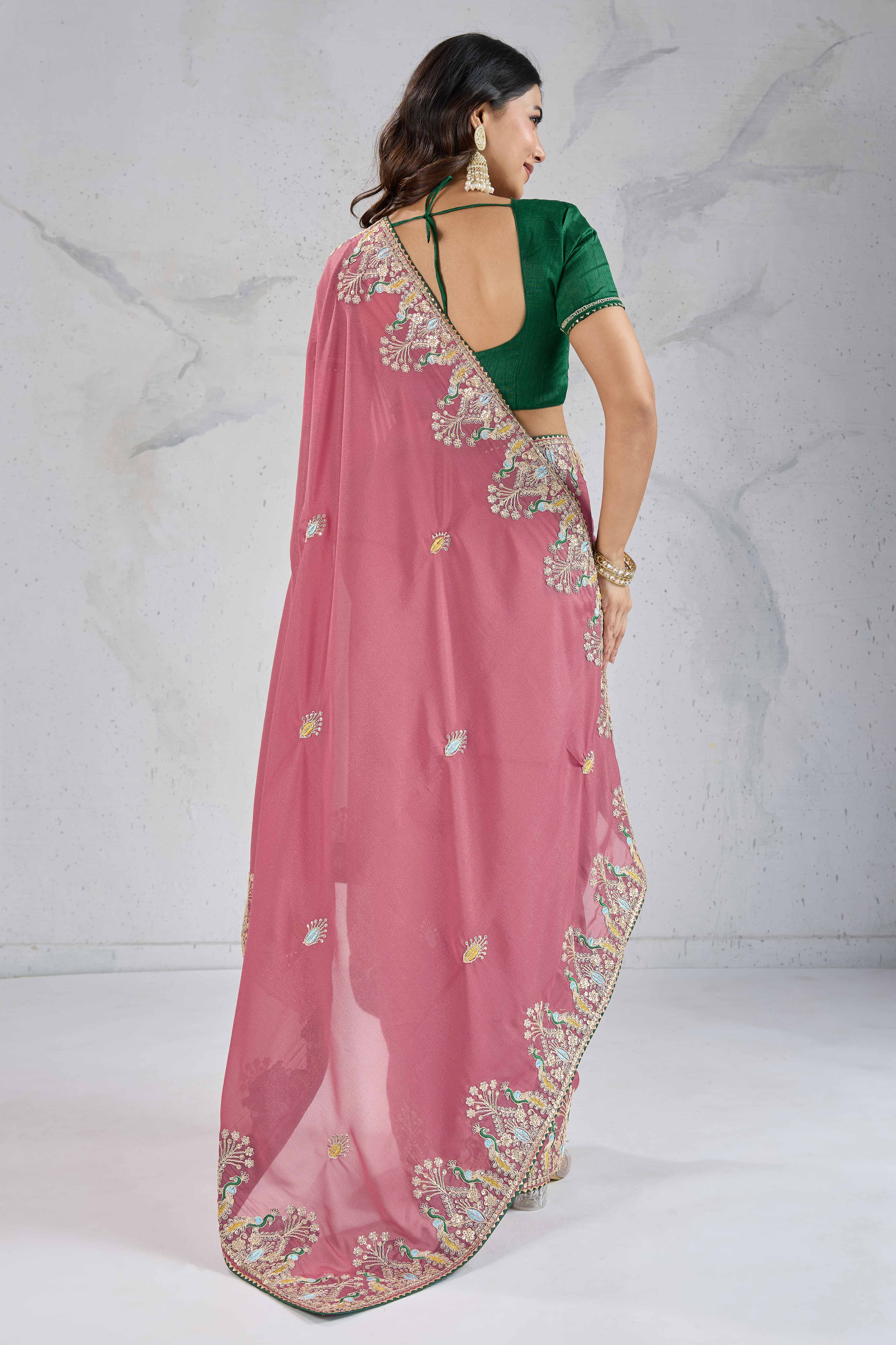 Dusty Pink Embroidered Saree with Ethnic Detailing in Georgette Fabric