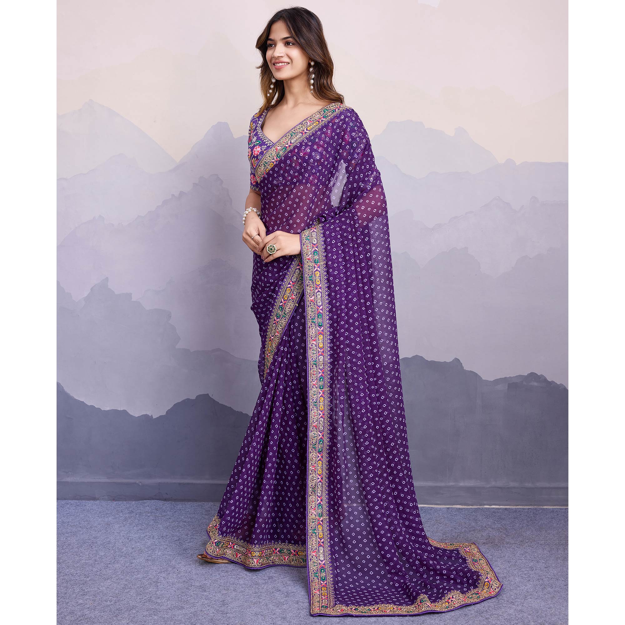 Purple Bandhani Printed Georgette Saree With Embroidered Lace Border