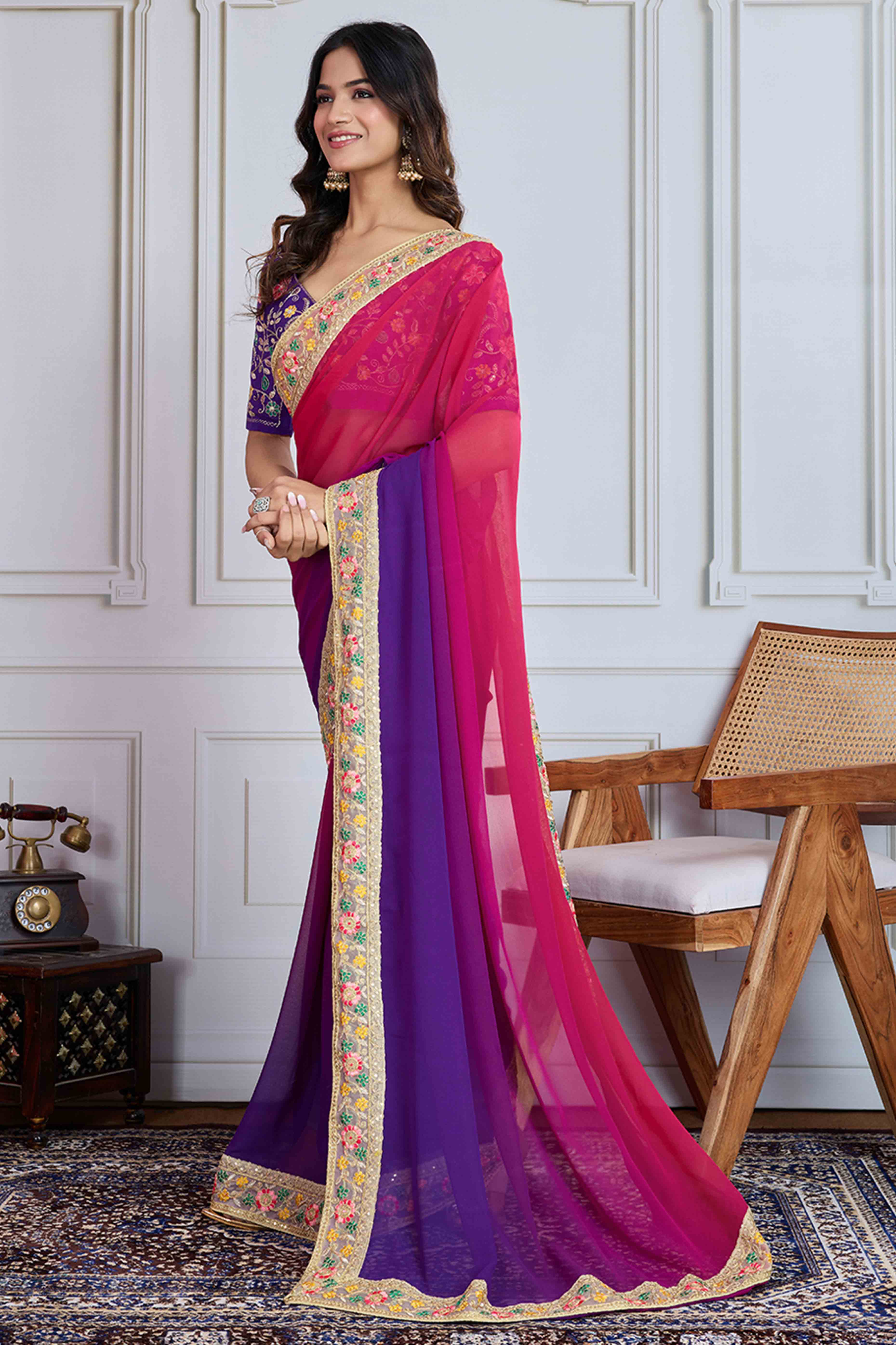 Pink To Purple Georgette Ombre Saree With Intricate Floral Cording Embroidery & Sequin Detailing