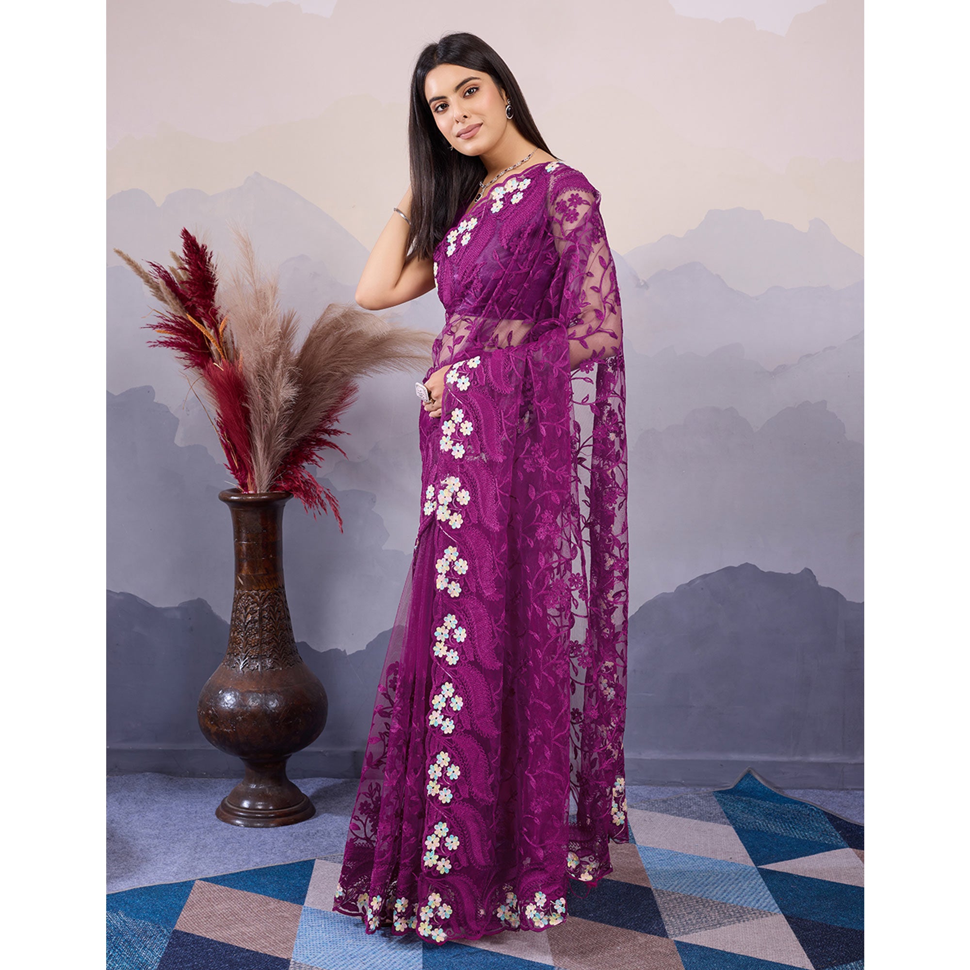 Purple Floral Thread Embroidered Net Saree