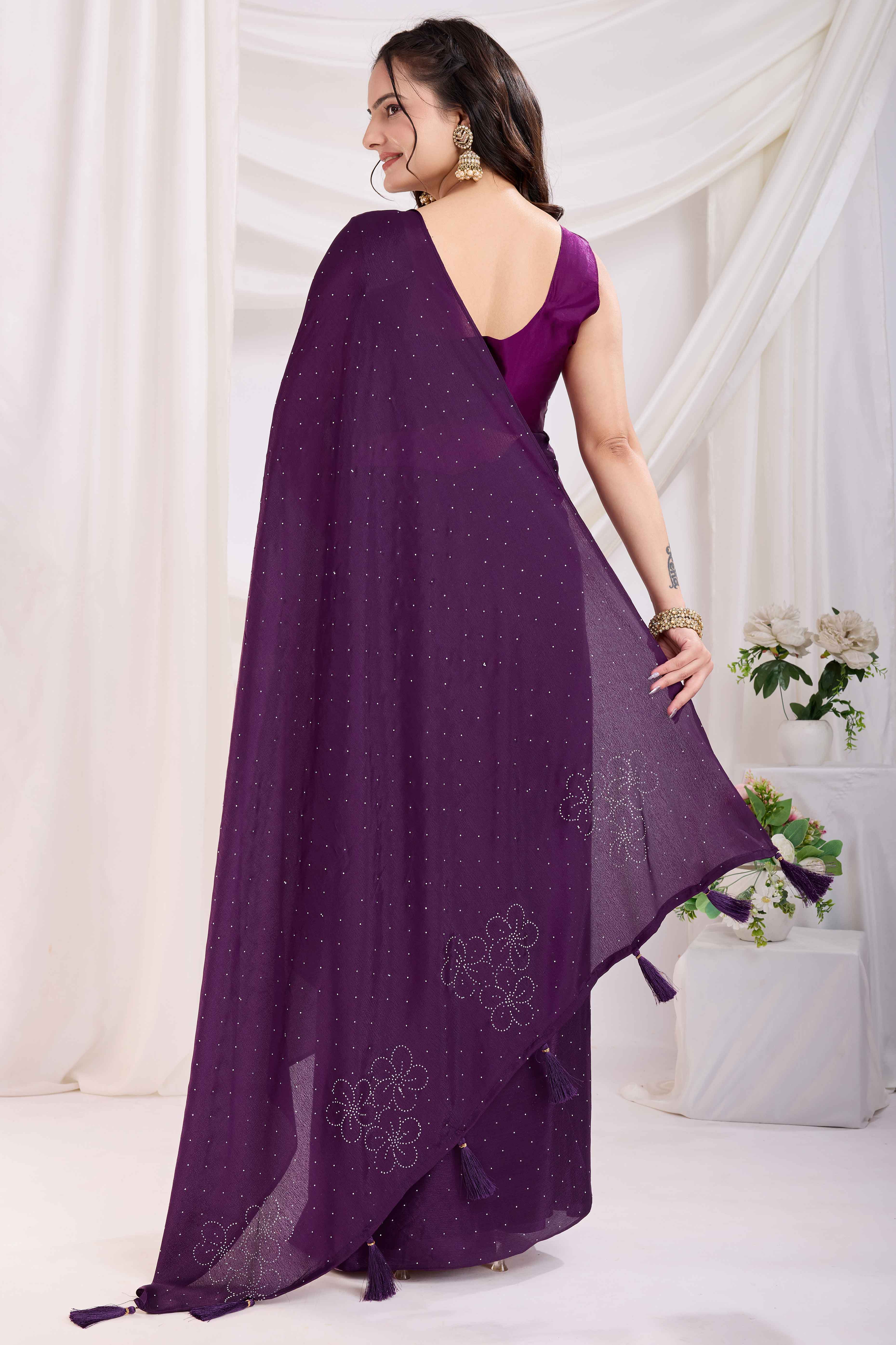 Purple Floral Swarovski Work Rangoli Art Silk Ready To Wear Saree