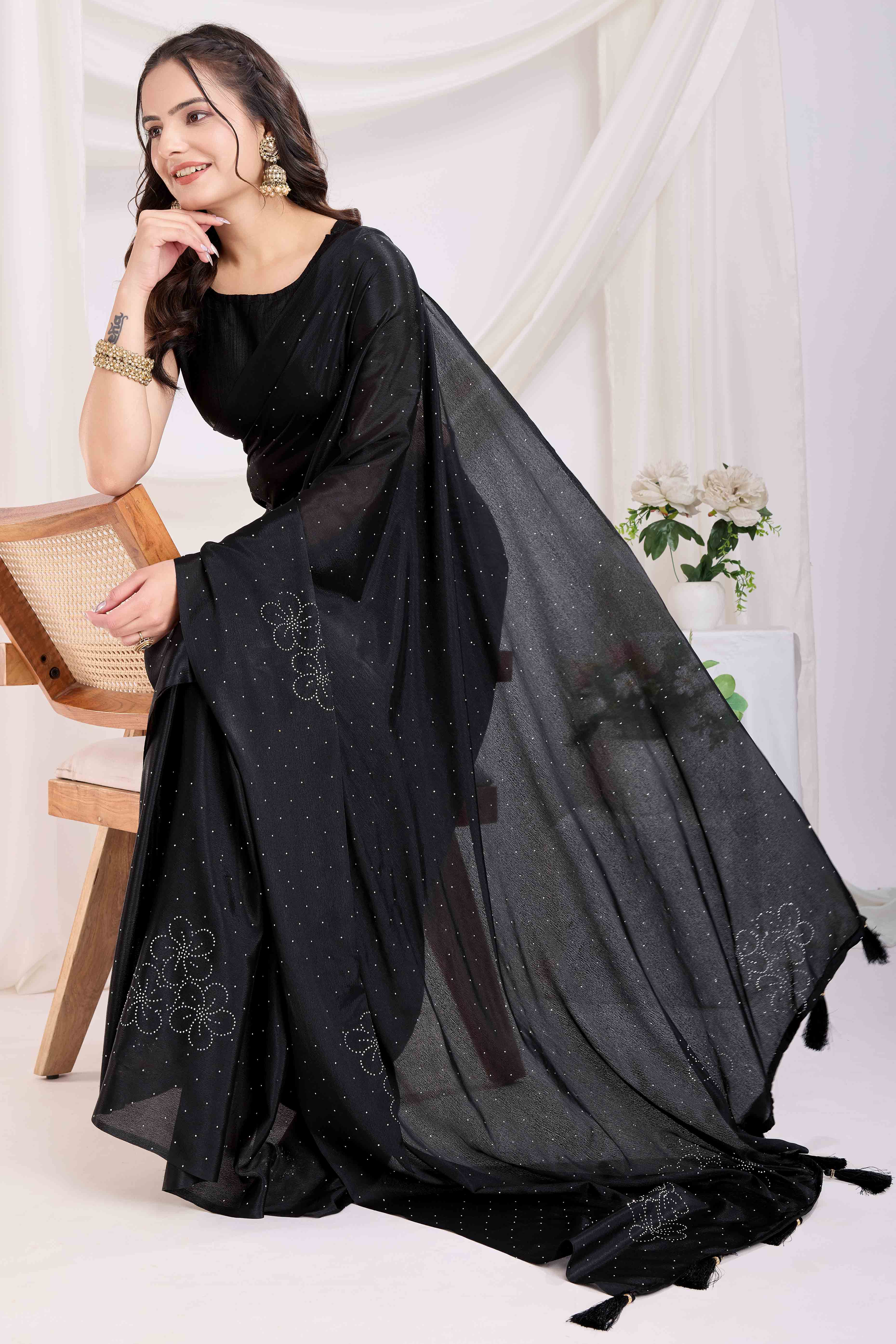Black Floral Swarovski Work Rangoli Art Silk Ready To Wear Saree