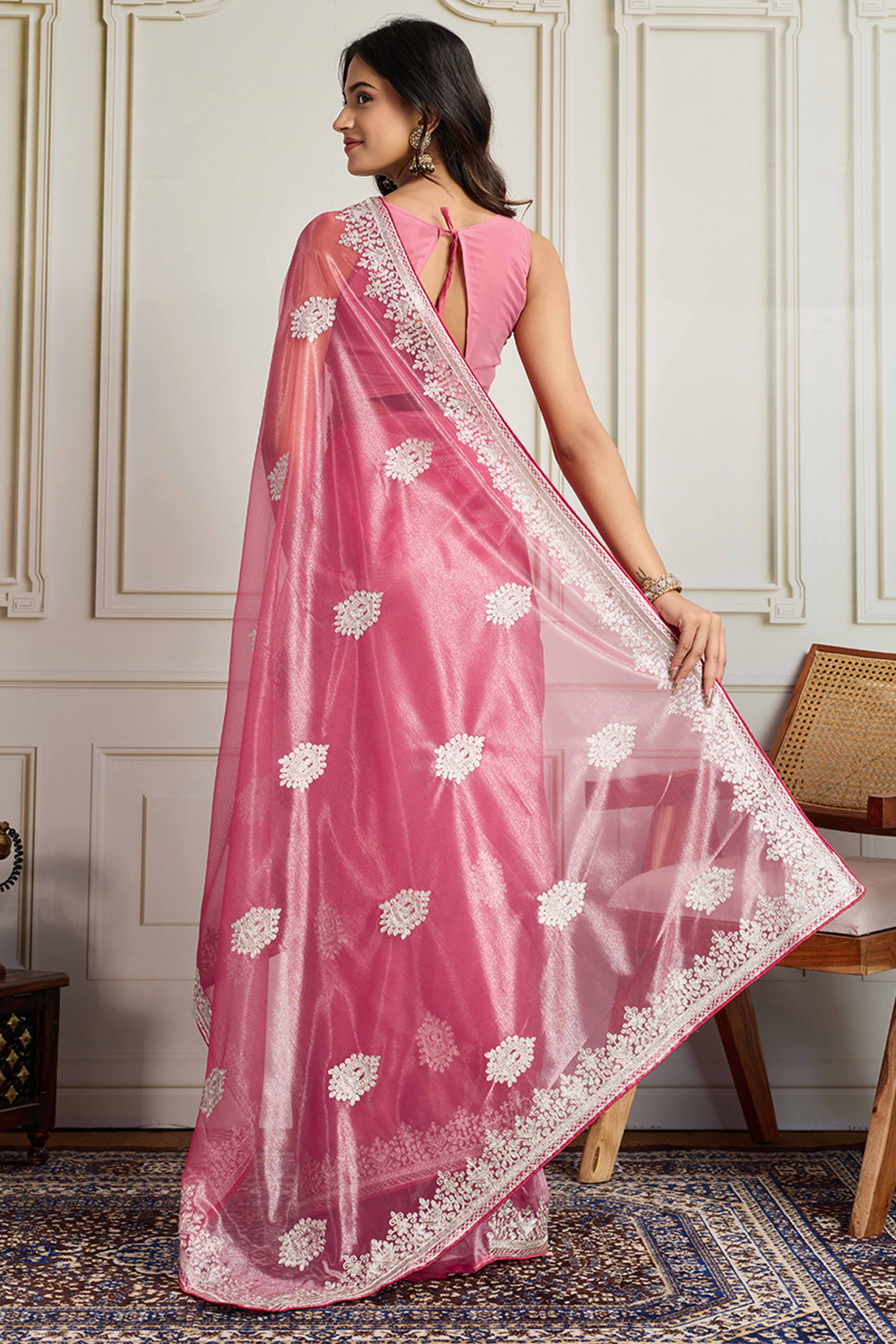 Elegant Pink Floral Cording Embroidered Twill Net Saree With Sequins Detailing