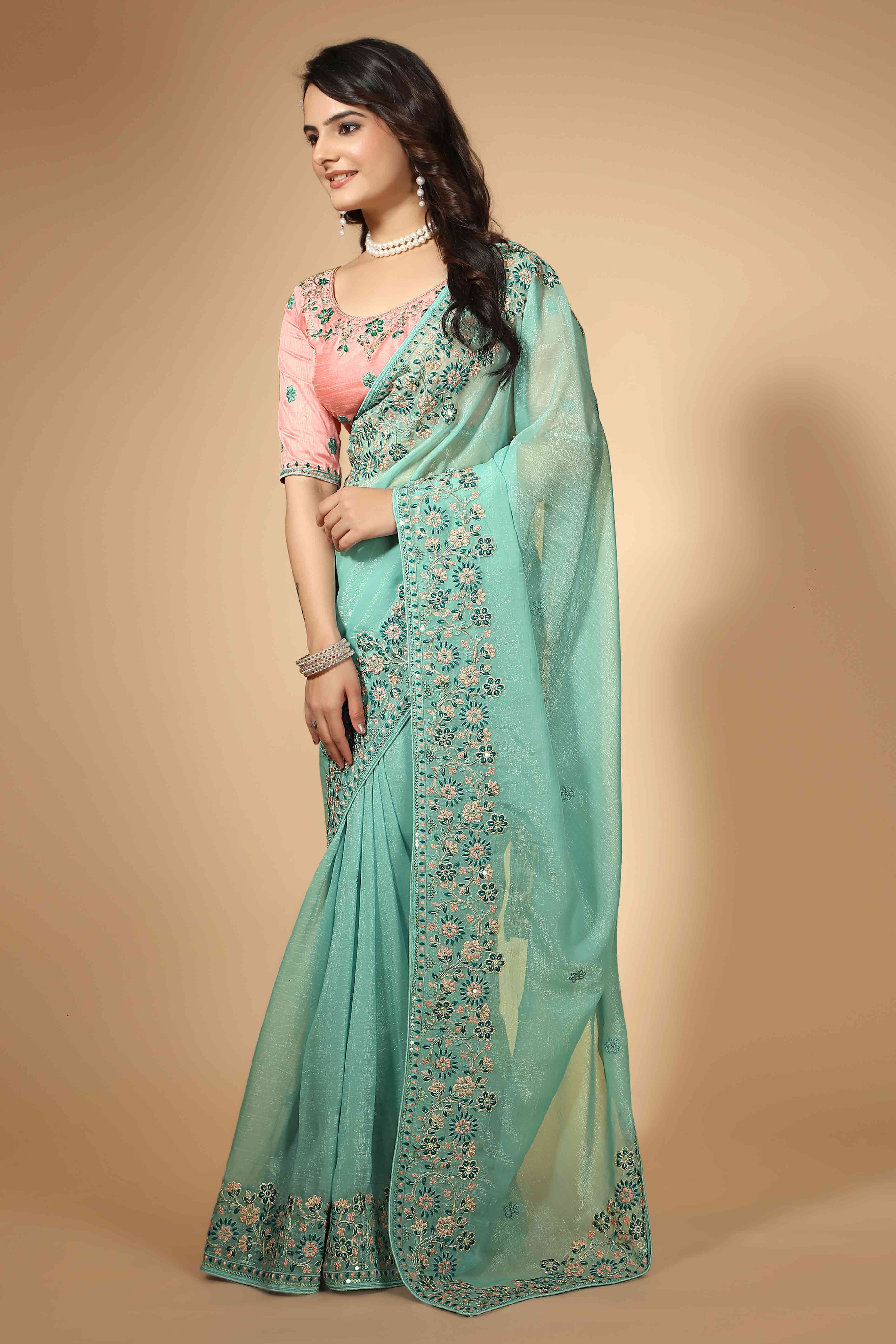 Turquoise Floral Sequins Embroidered Organza Silk Saree