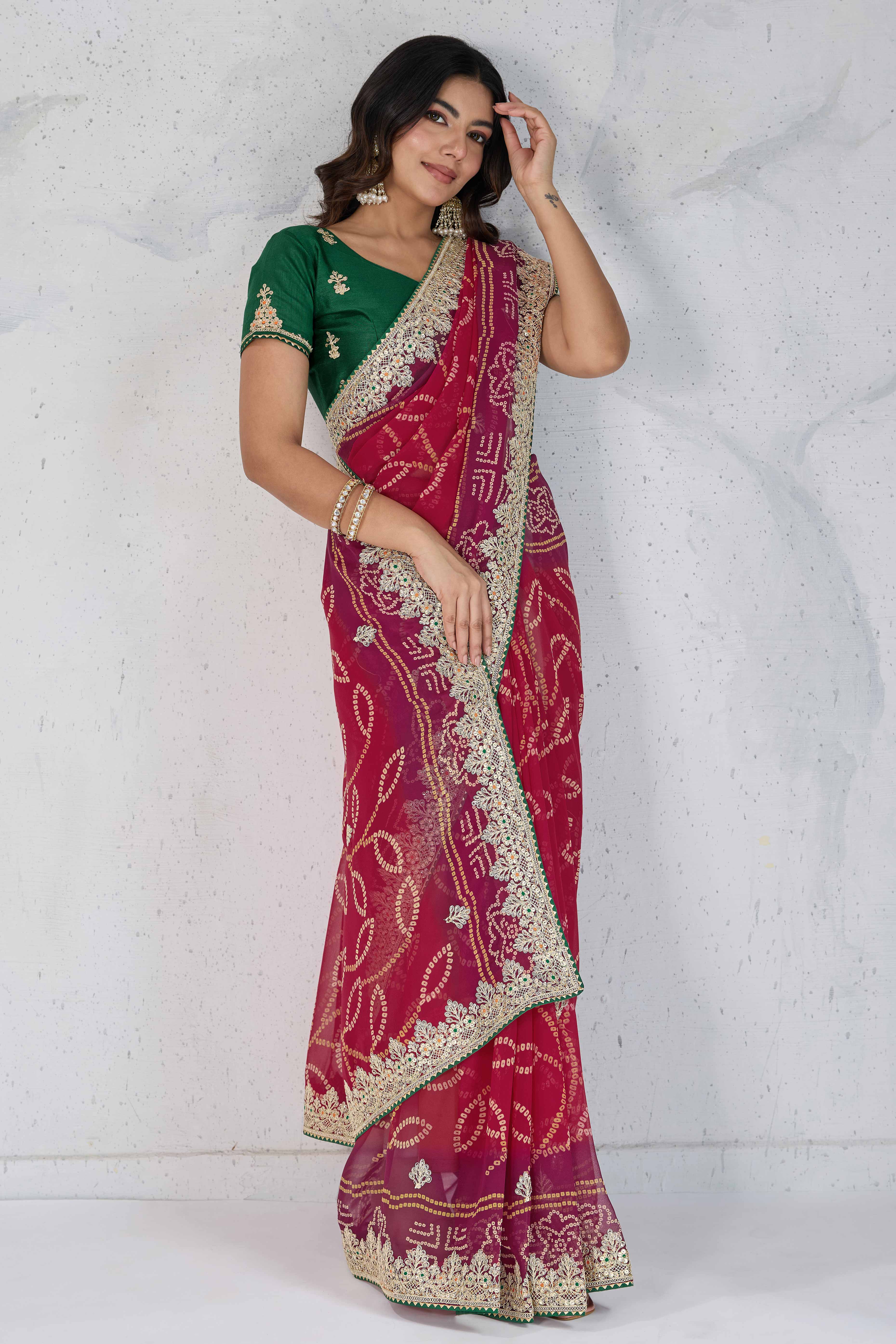 Traditional Bandhani Pink Georgette Saree with Fine Embroidery