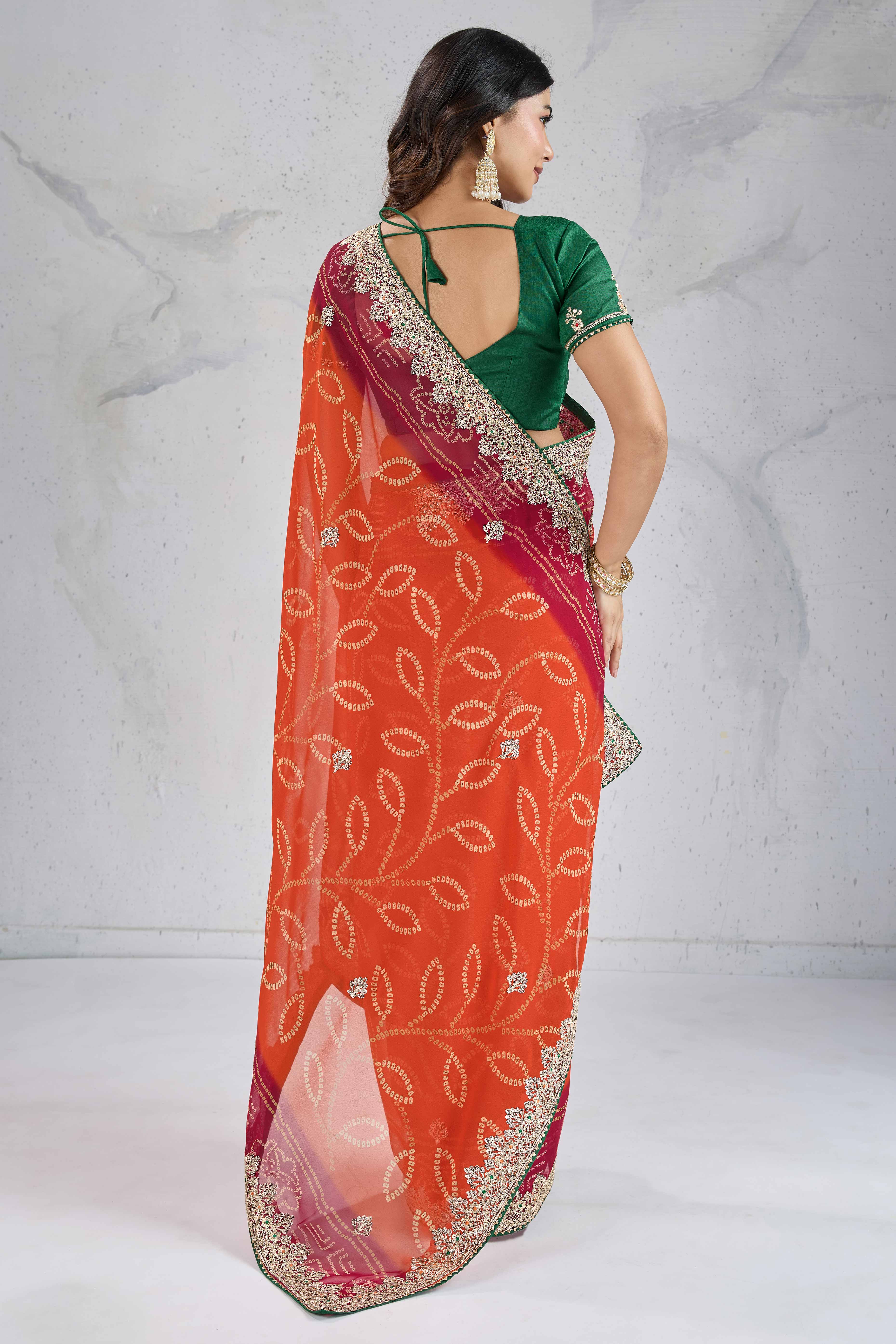 Traditional Bandhani Orange Georgette Saree with Fine Embroidery