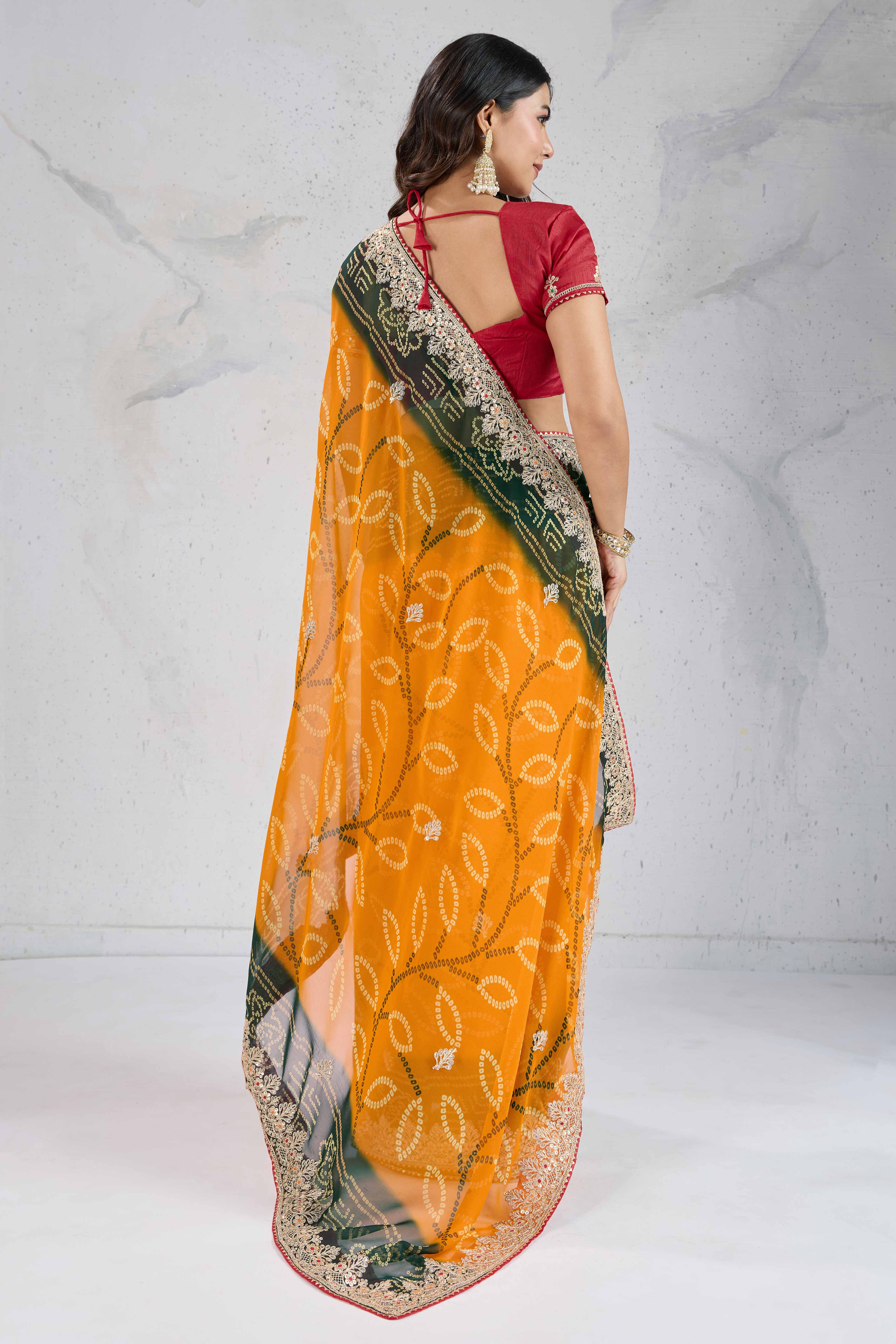 Traditional Bandhani Mustard Georgette Saree with Fine Embroidery