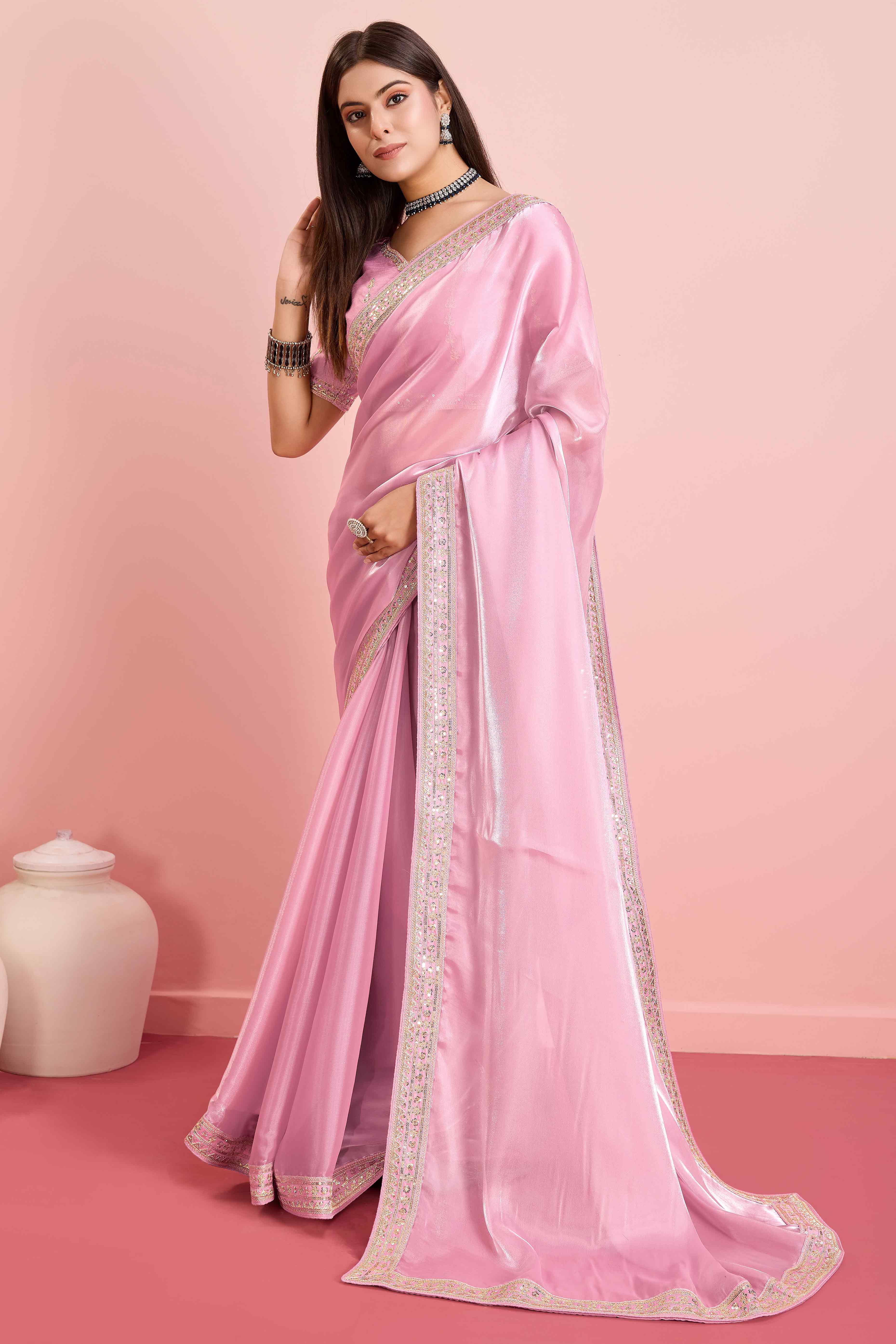 Pink Solid With Floral Sequins Embroidered Jimmy Choo Tissue Saree