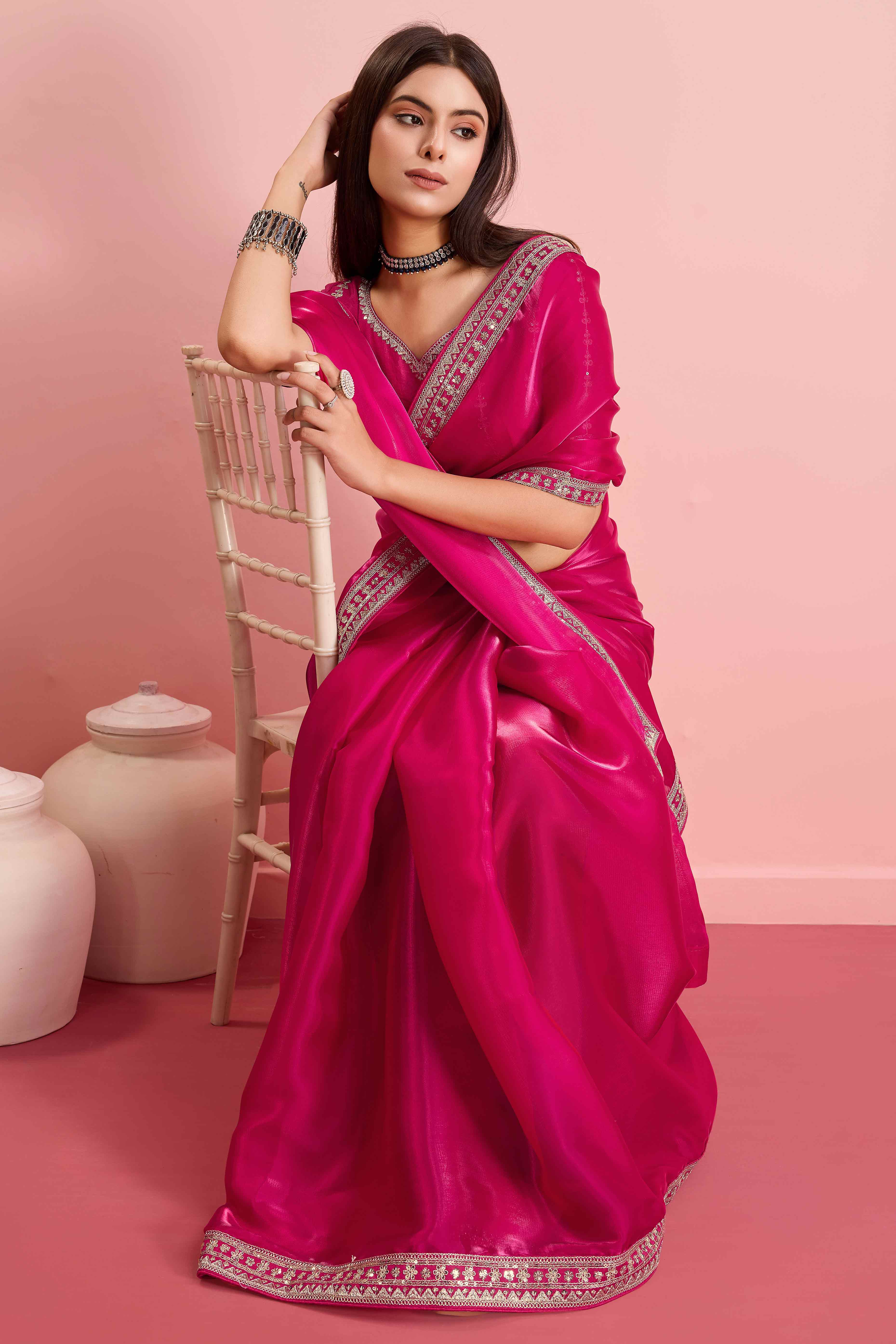 Rani Pink Solid With Floral Sequins Embroidered Jimmy Choo Tissue Saree
