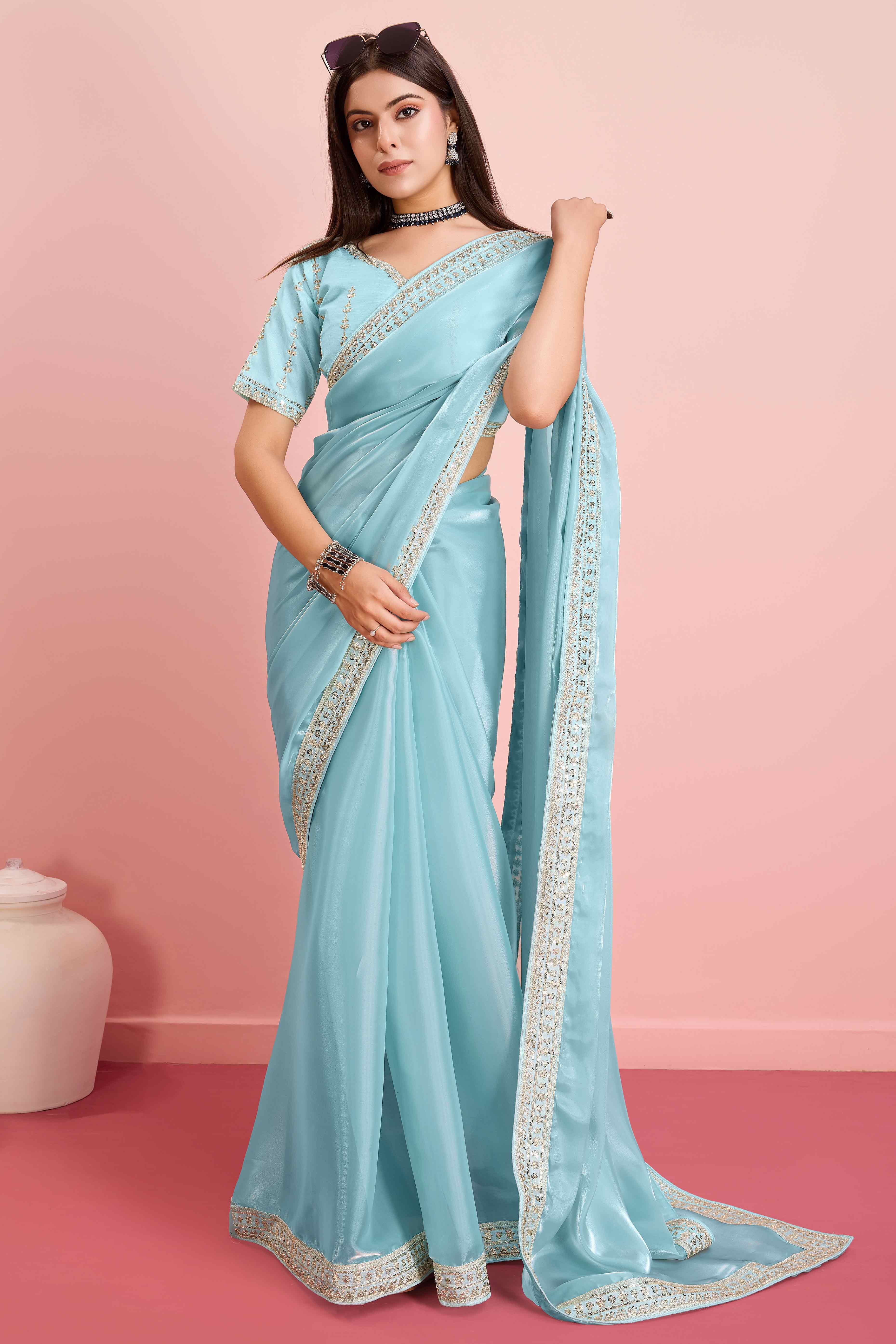 Blue Solid With Floral Sequins Embroidered Jimmy Choo Tissue Saree