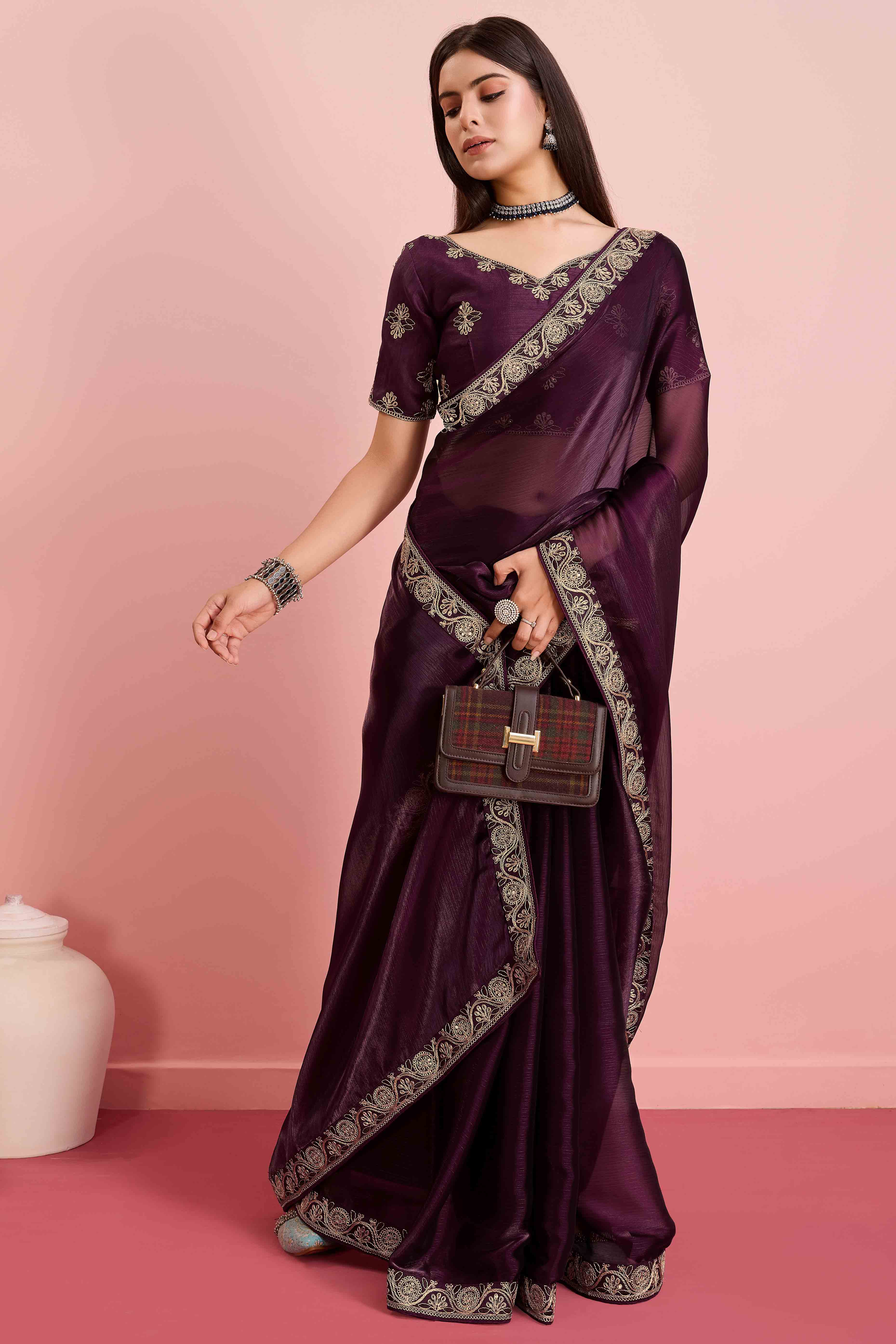 Wine Solid With Sequins Embroidery Border Mulberry Silk Saree