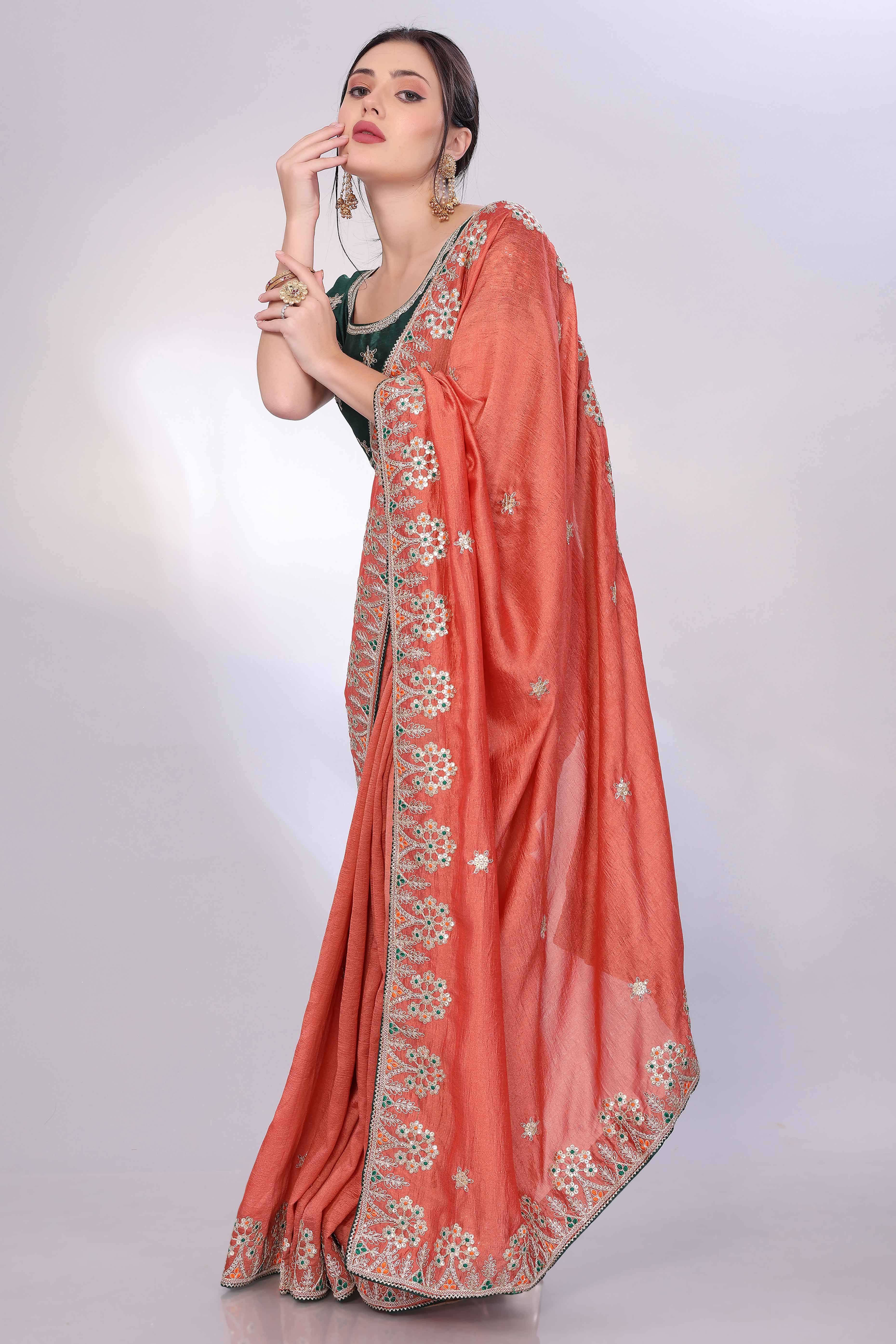 Orange Vichitra Silk Saree Embellished With Floral Cording Embroidery & Sparkling Sequins