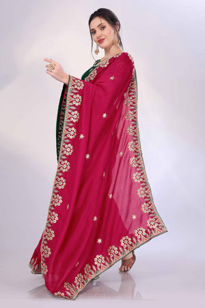 Pink Vichitra Silk Saree Embellished With Floral Cording Embroidery & Sparkling Sequins