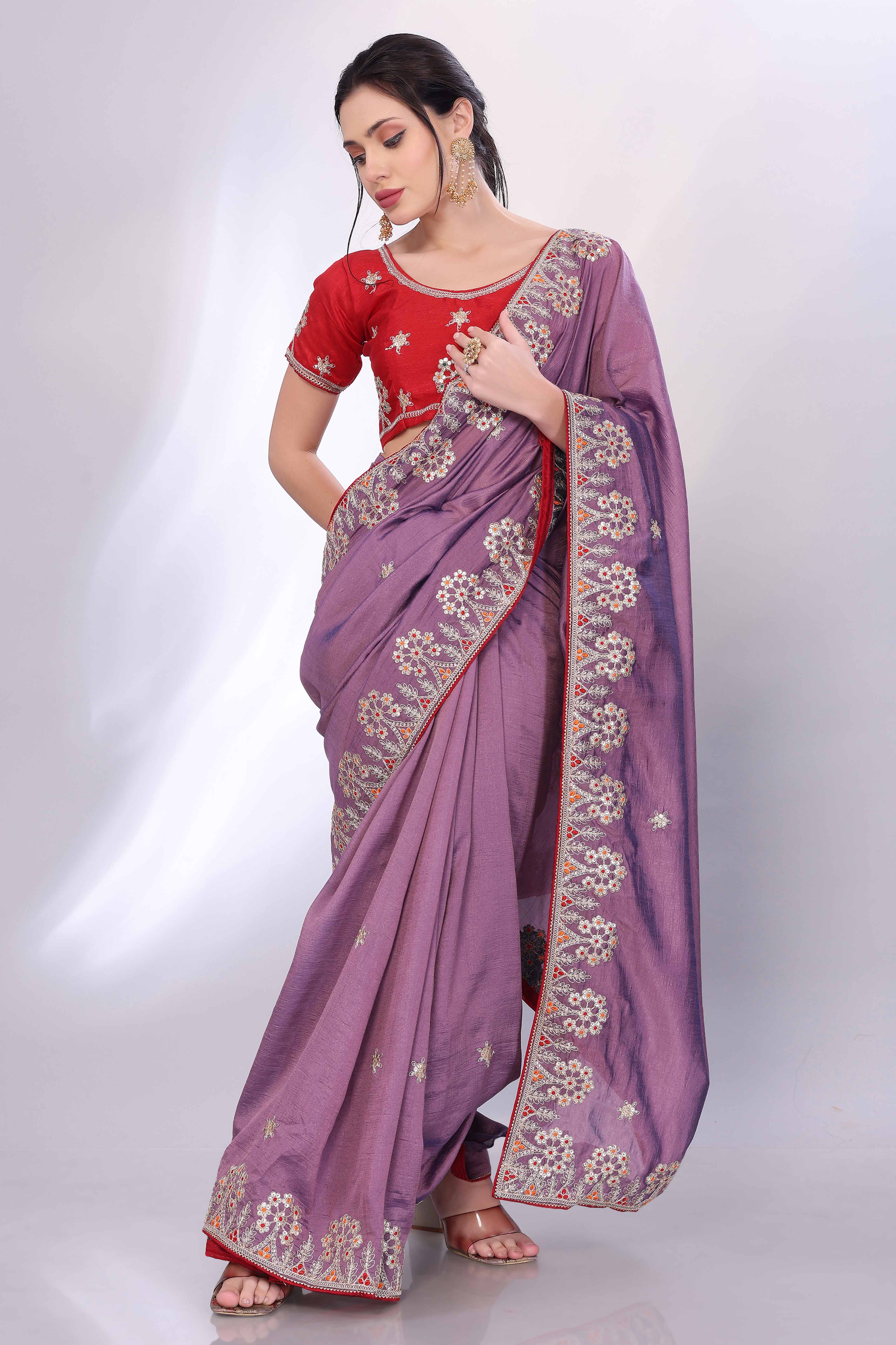 Lavender Vichitra Silk Saree Embellished With Floral Cording Embroidery & Sparkling Sequins