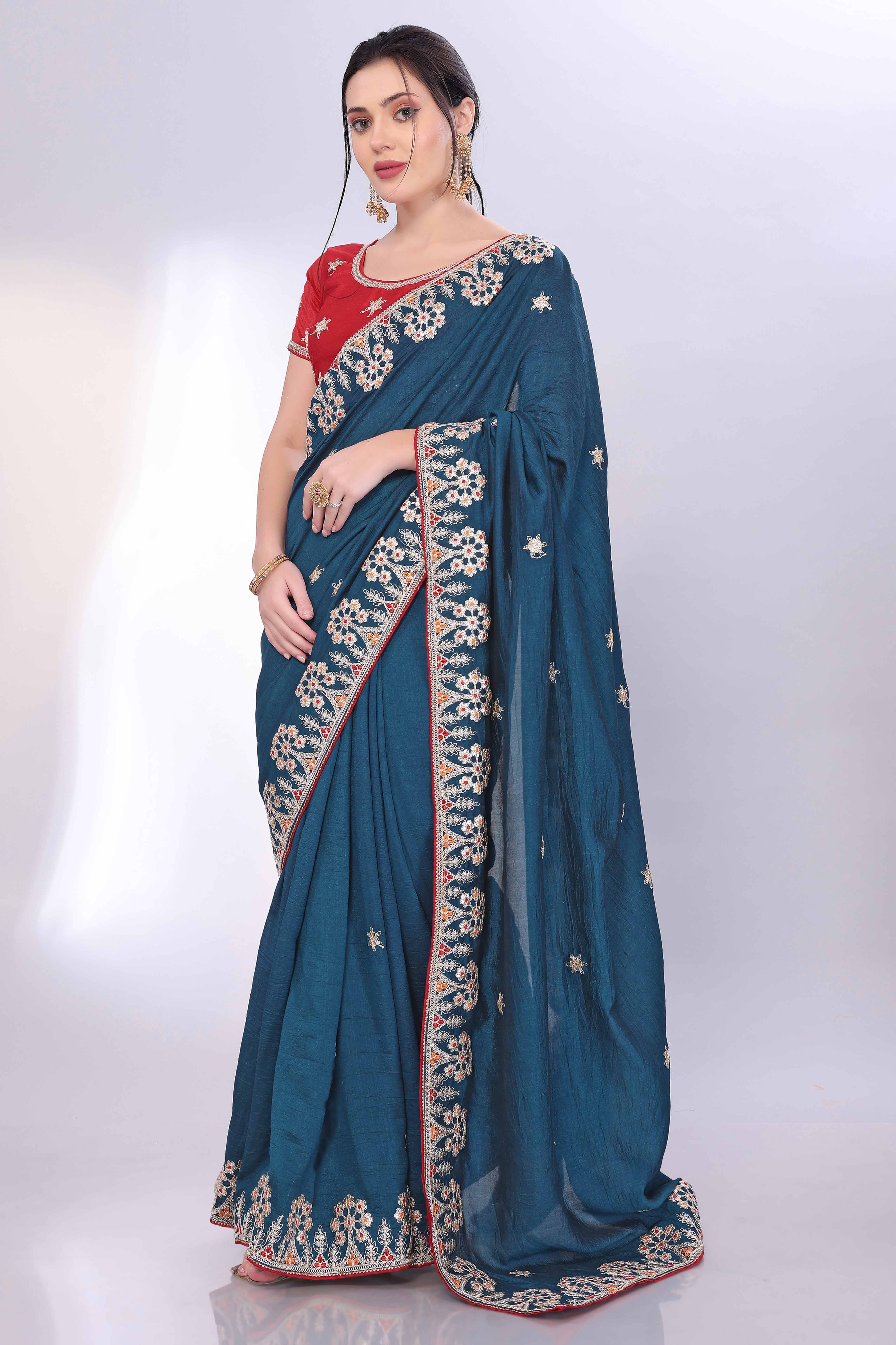 Morpich Blue Vichitra Silk Saree Embellished With Floral Cording Embroidery & Sparkling Sequins