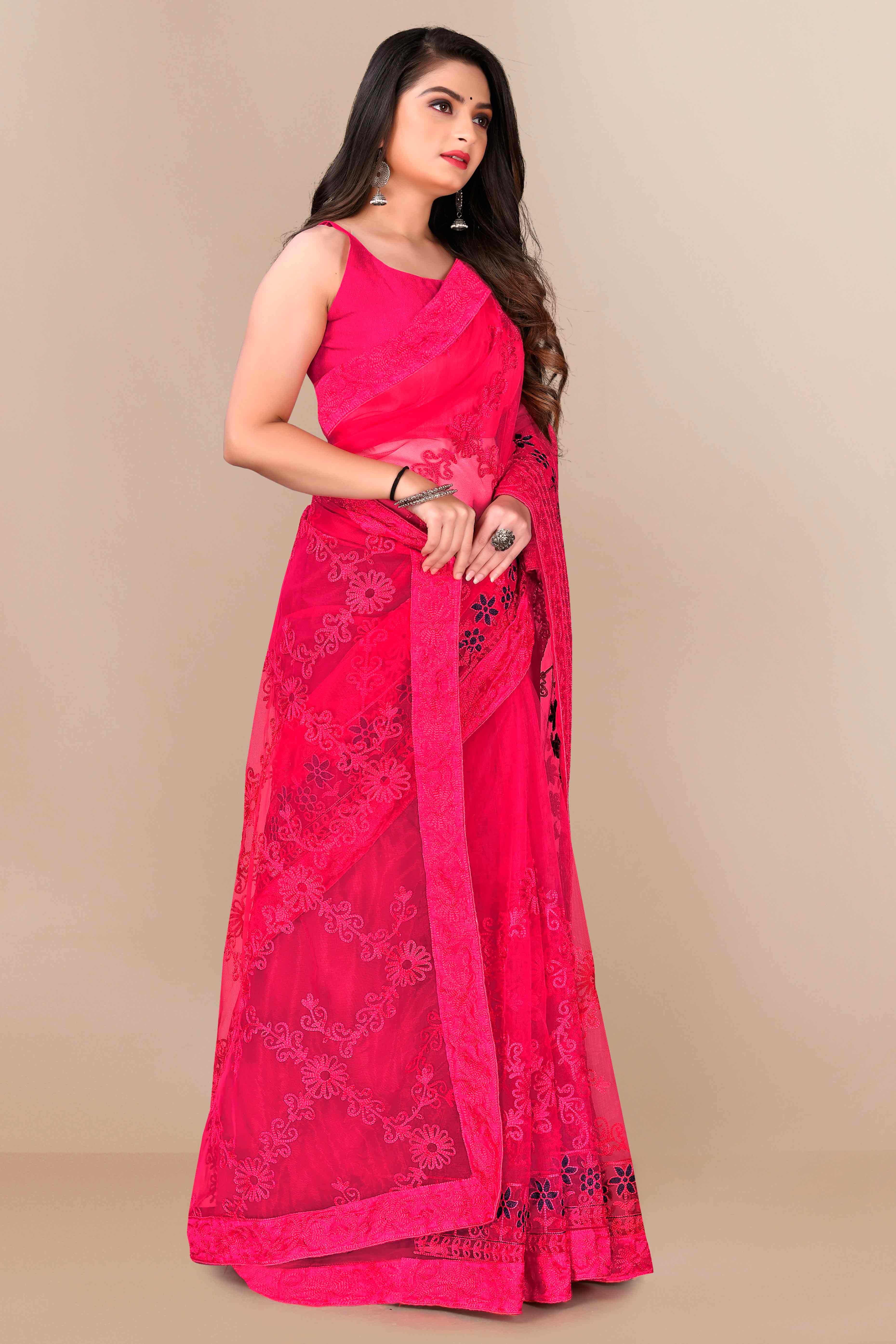 Dark Pink Party Wear Net Saree Featuring Rich Floral Embroidery