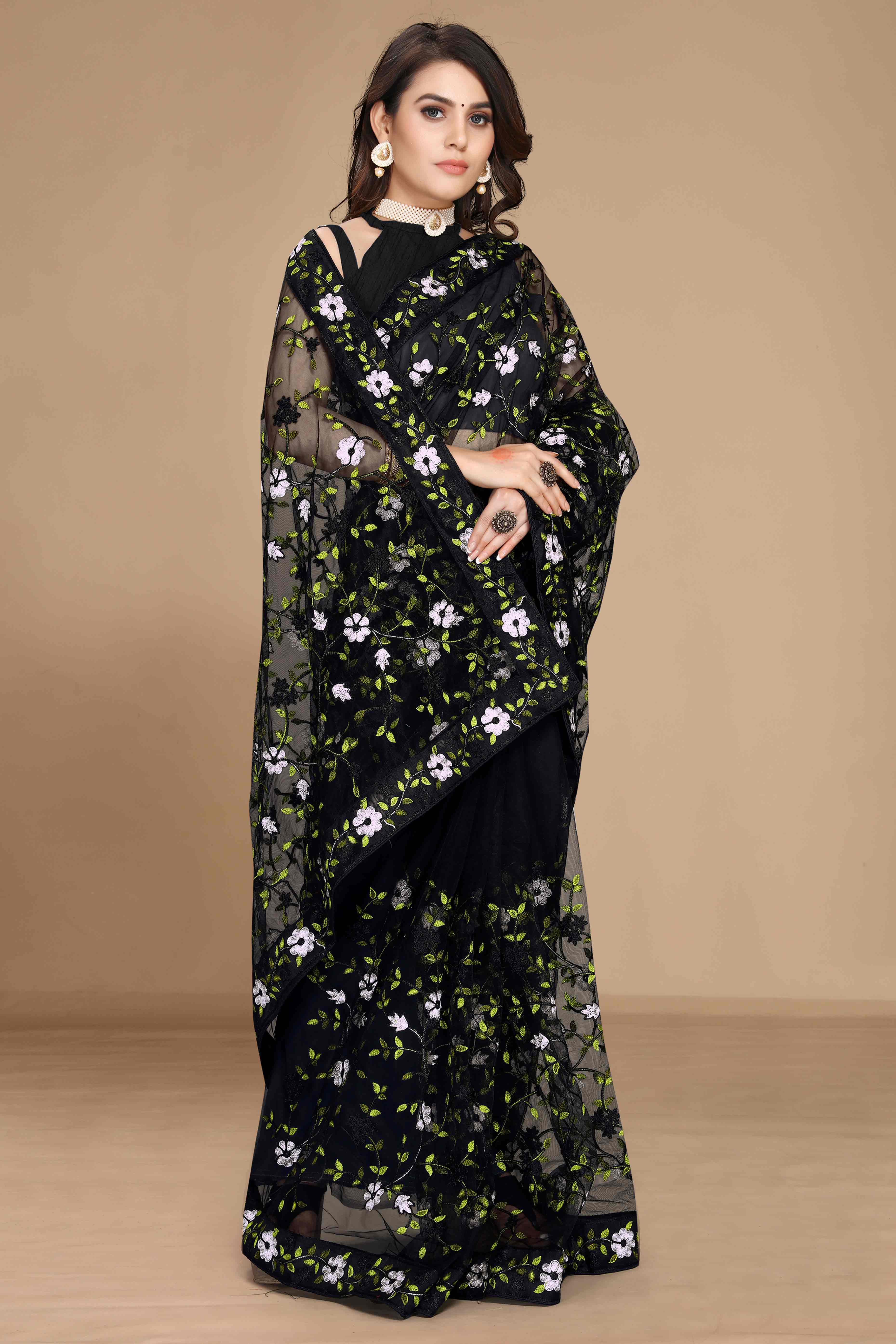 Black Net Saree with All Over Floral Heavy Embroidery