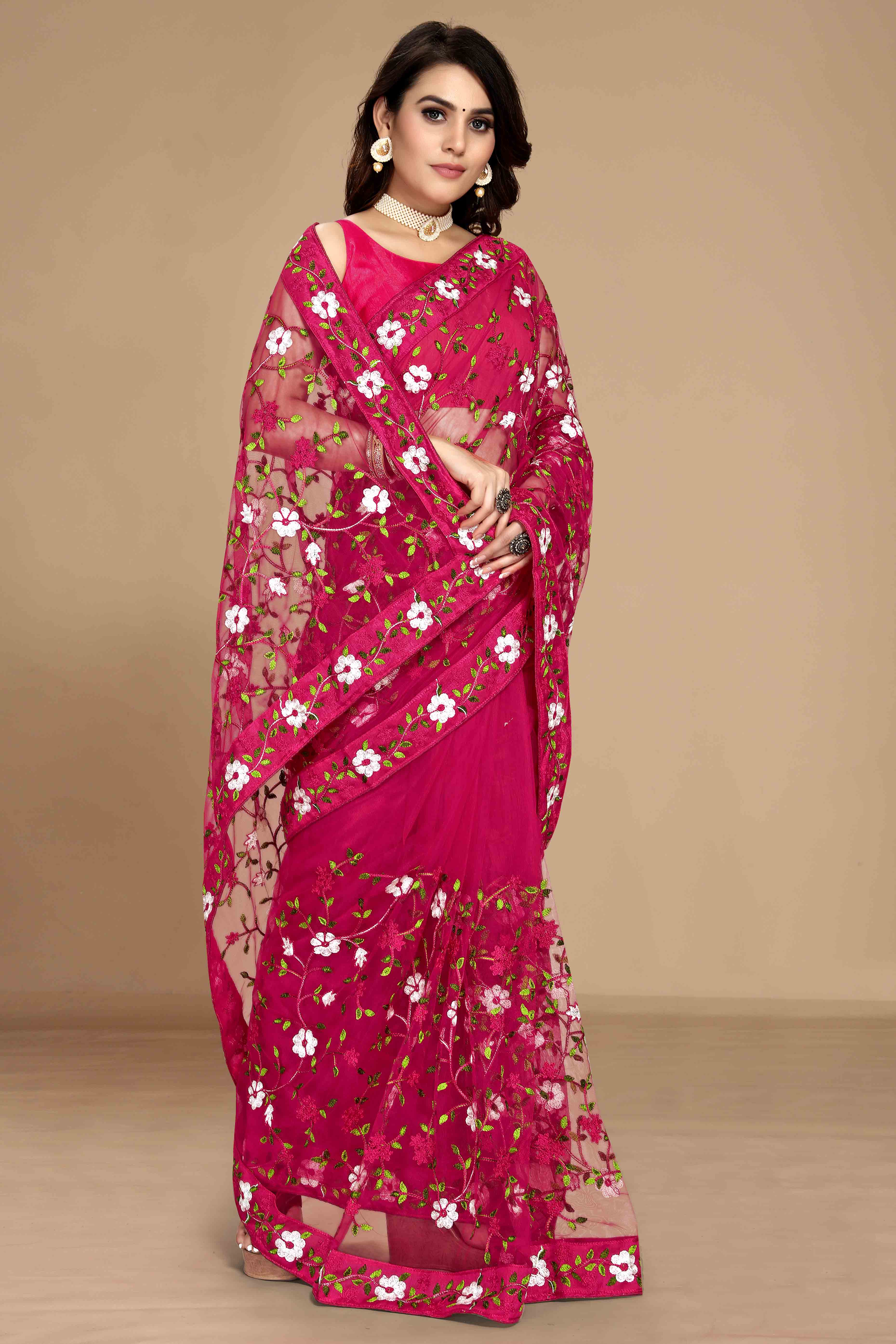 Dark Pink Net Saree with All Over Floral Heavy Embroidery