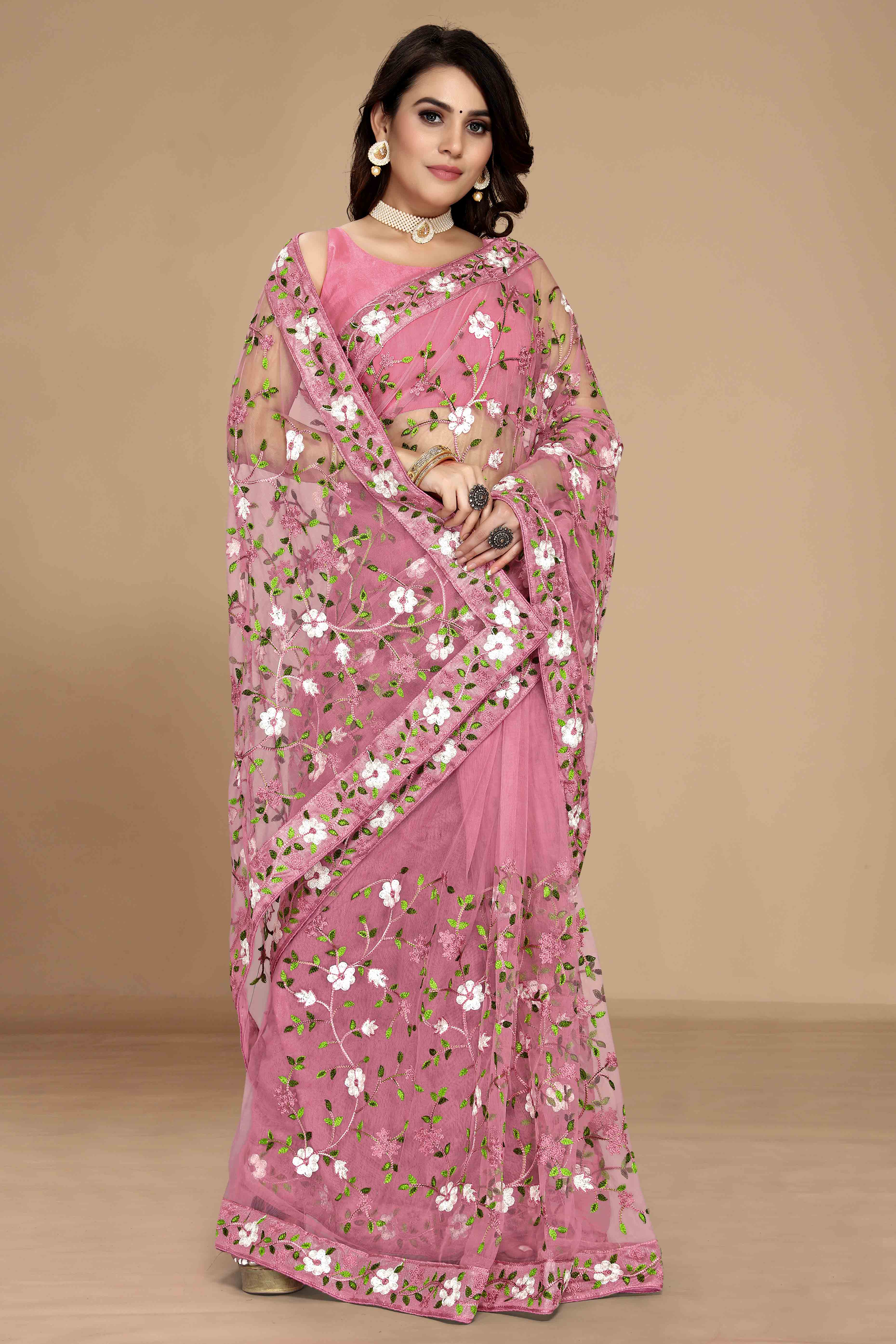 Pink Net Saree with All Over Floral Heavy Embroidery