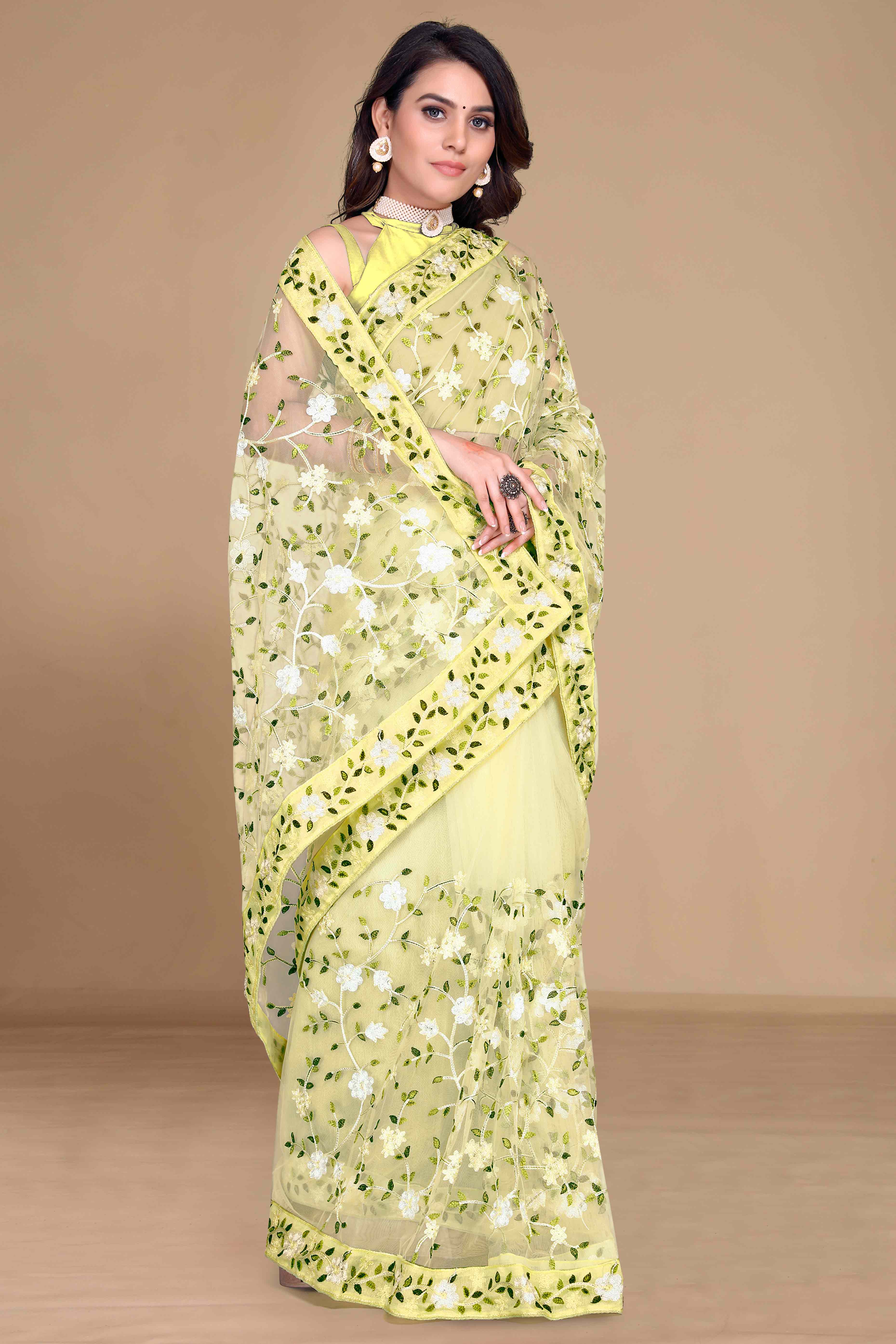 Yellow Net Saree with All Over Floral Heavy Embroidery
