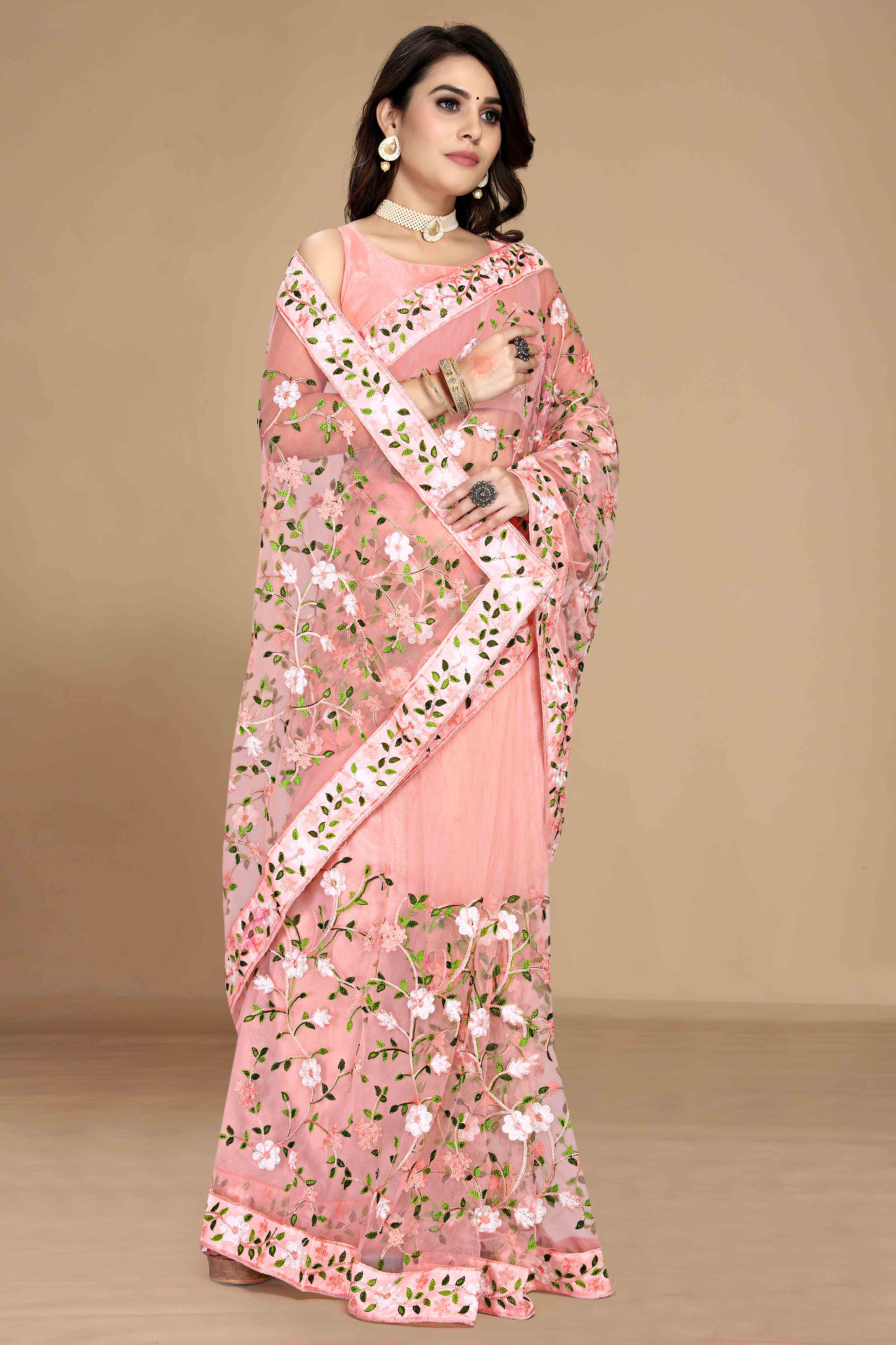 Peach Net Saree with All Over Floral Heavy Embroidery