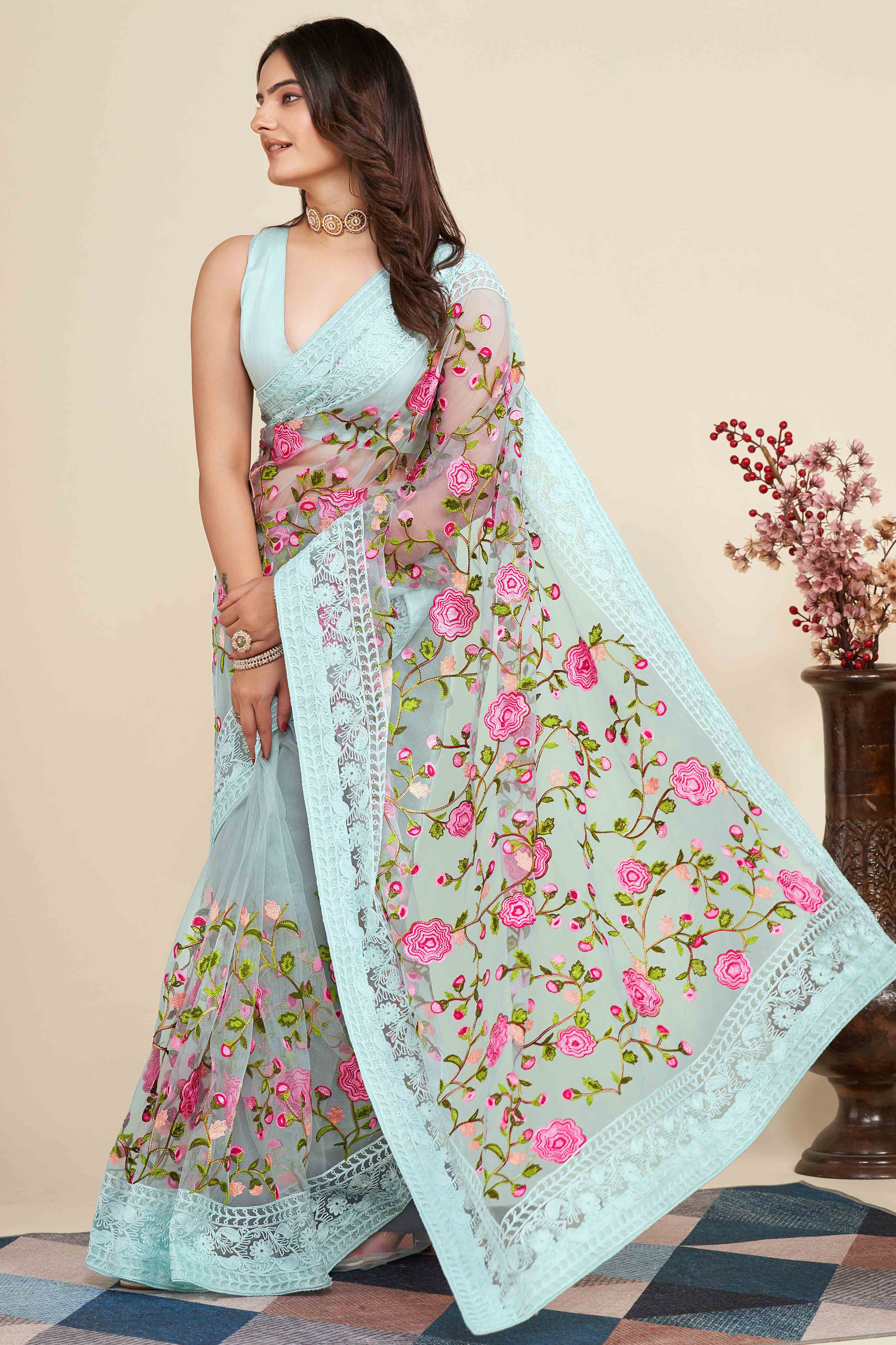 Sky Blue Floral Embroidered Party Wear Saree in Net Fabric with Lavish Detailing