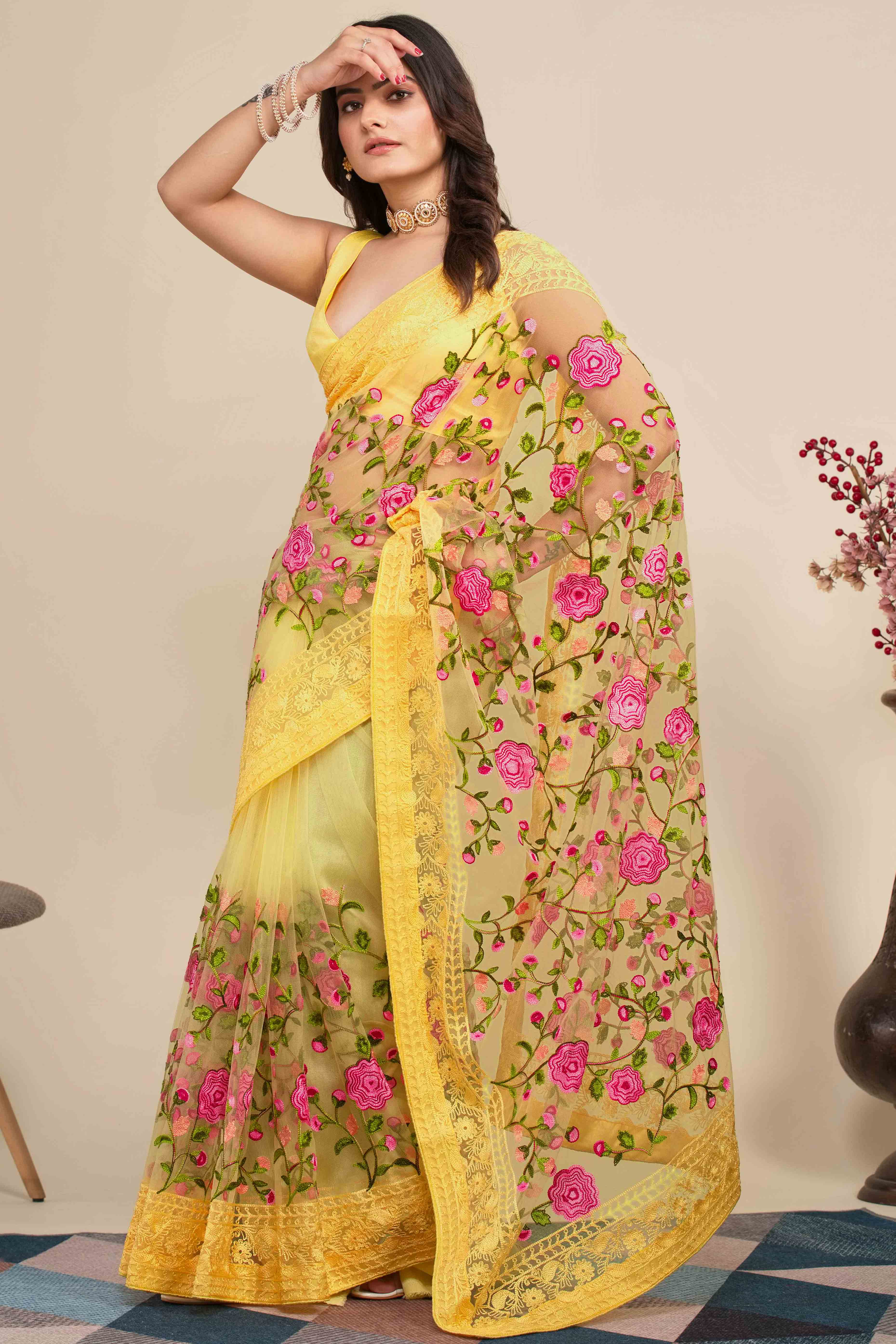 Yellow Floral Embroidered Party Wear Saree in Net Fabric with Lavish Detailing