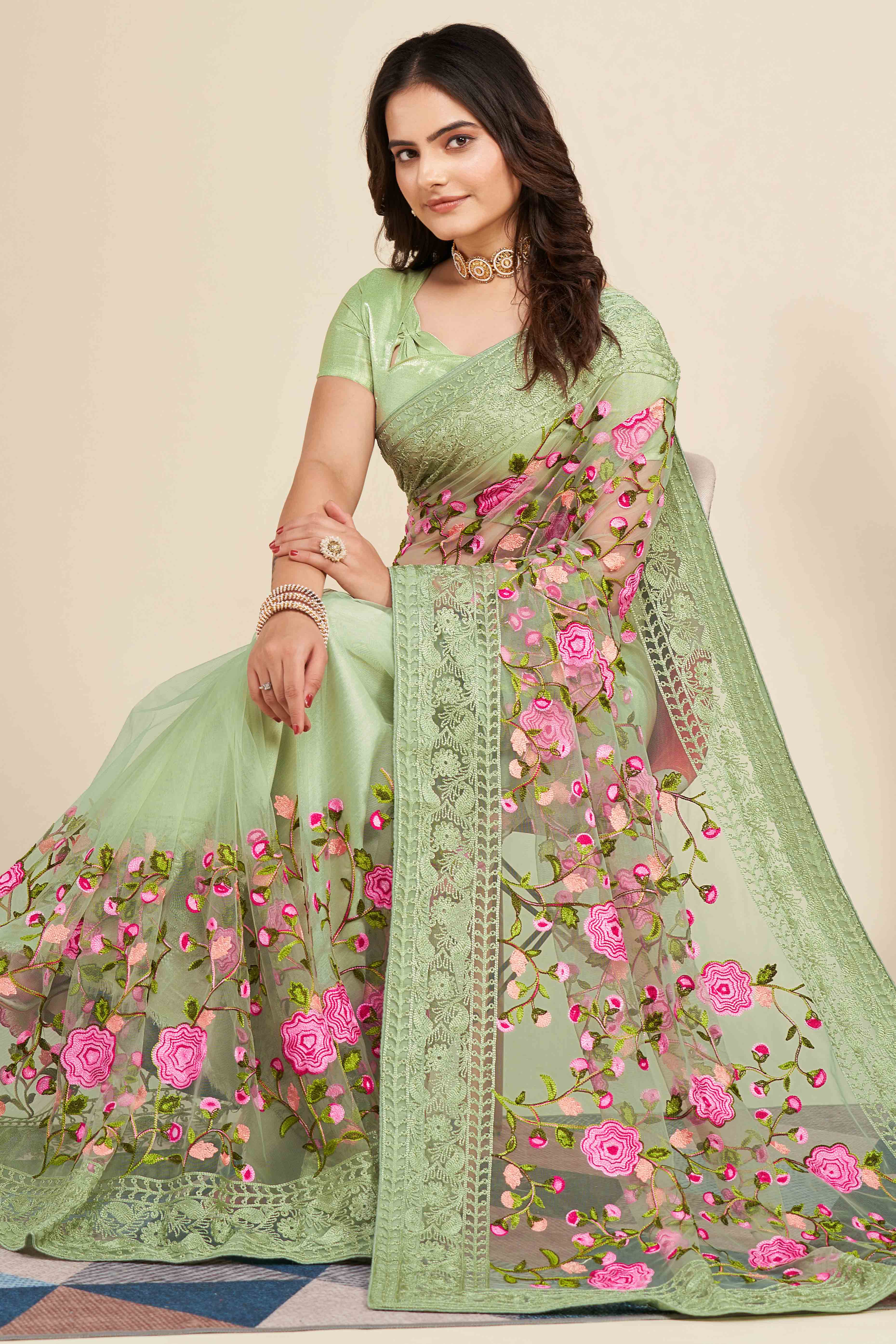 Pista Green Floral Embroidered Party Wear Saree in Net Fabric with Lavish Detailing