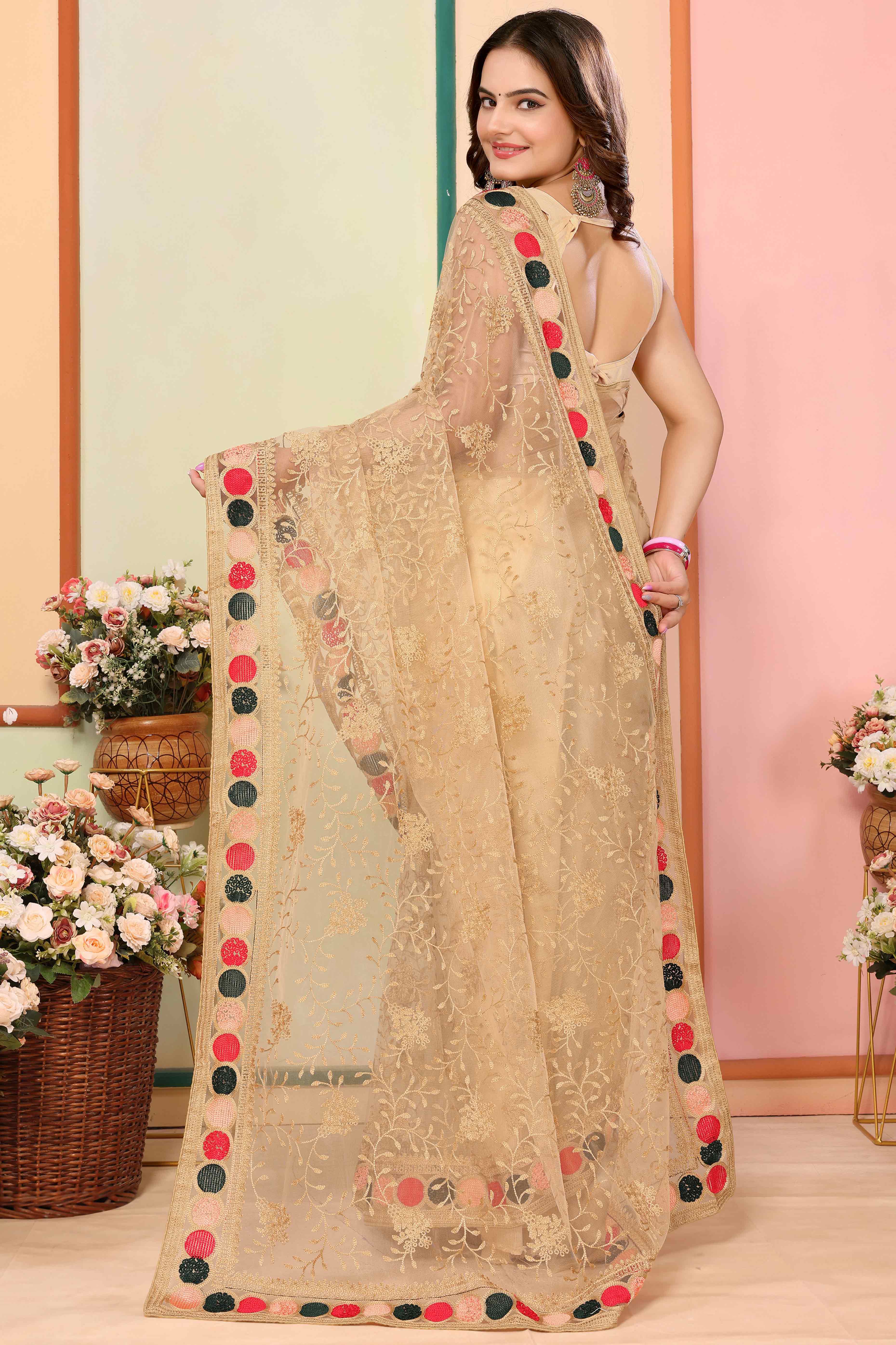 Chikoo Floral Embroidered Net Saree