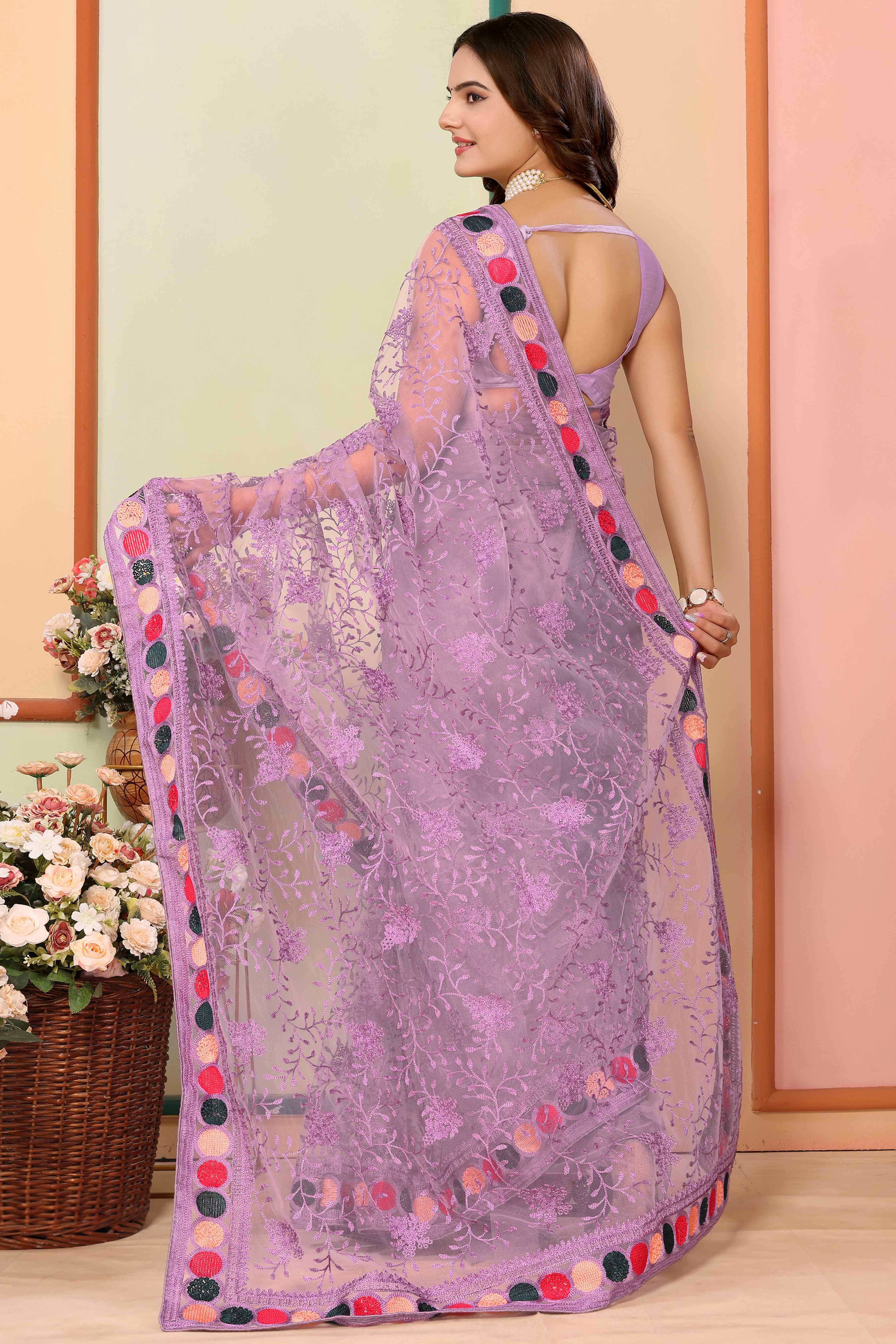 Purple Floral Embroidered Net Saree