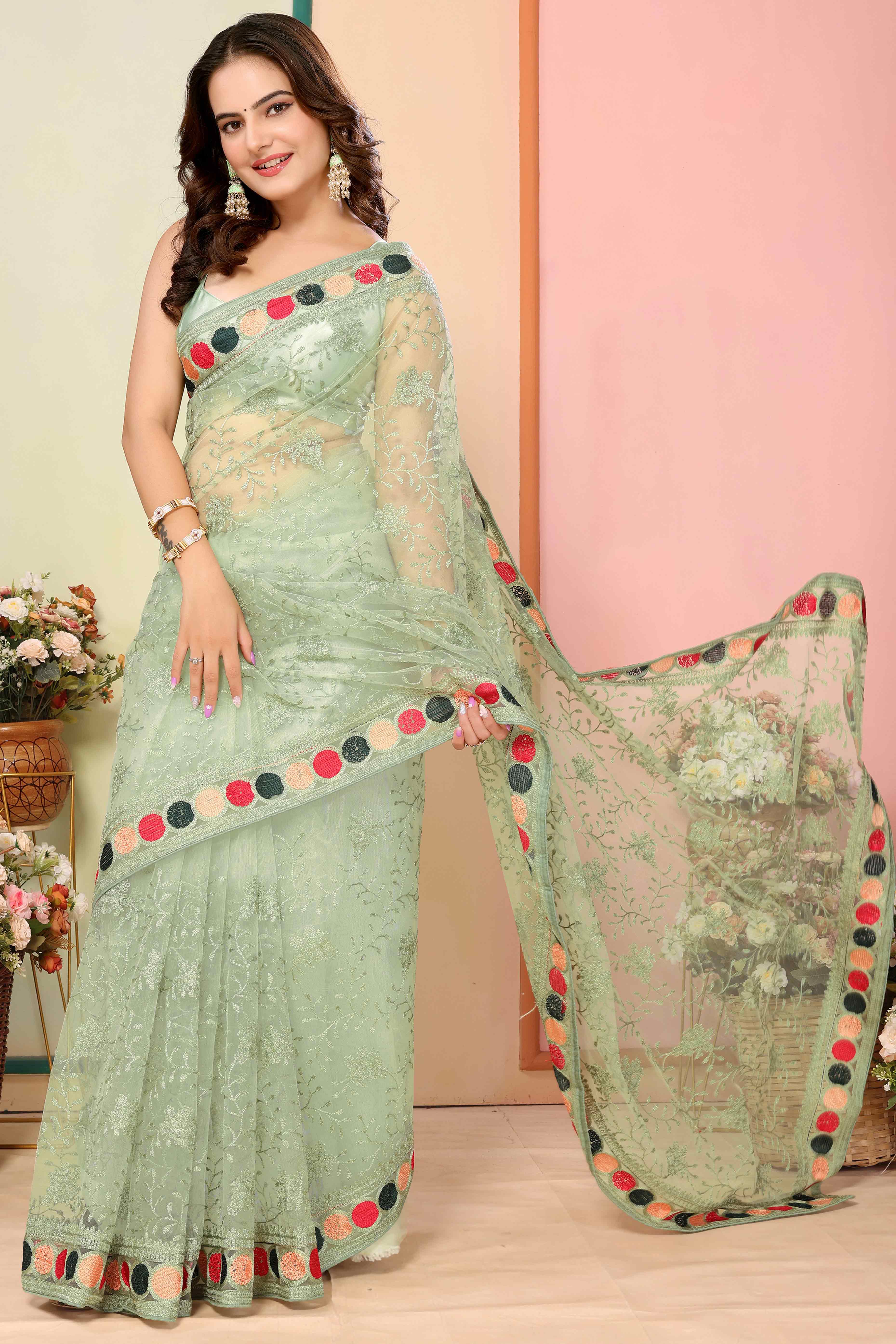 Green Floral Embroidered Net Saree