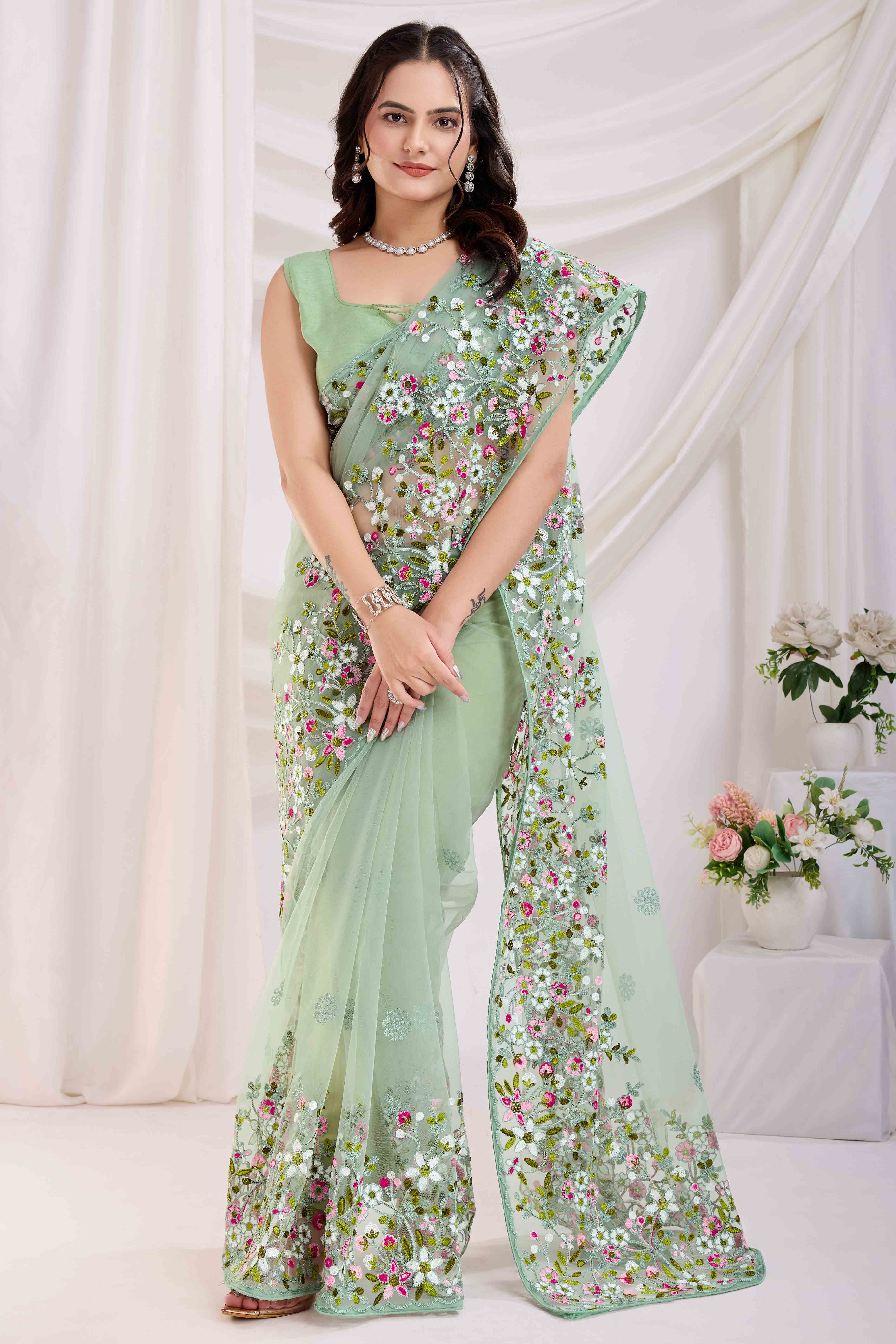 Green Floral Embroidered Net Saree