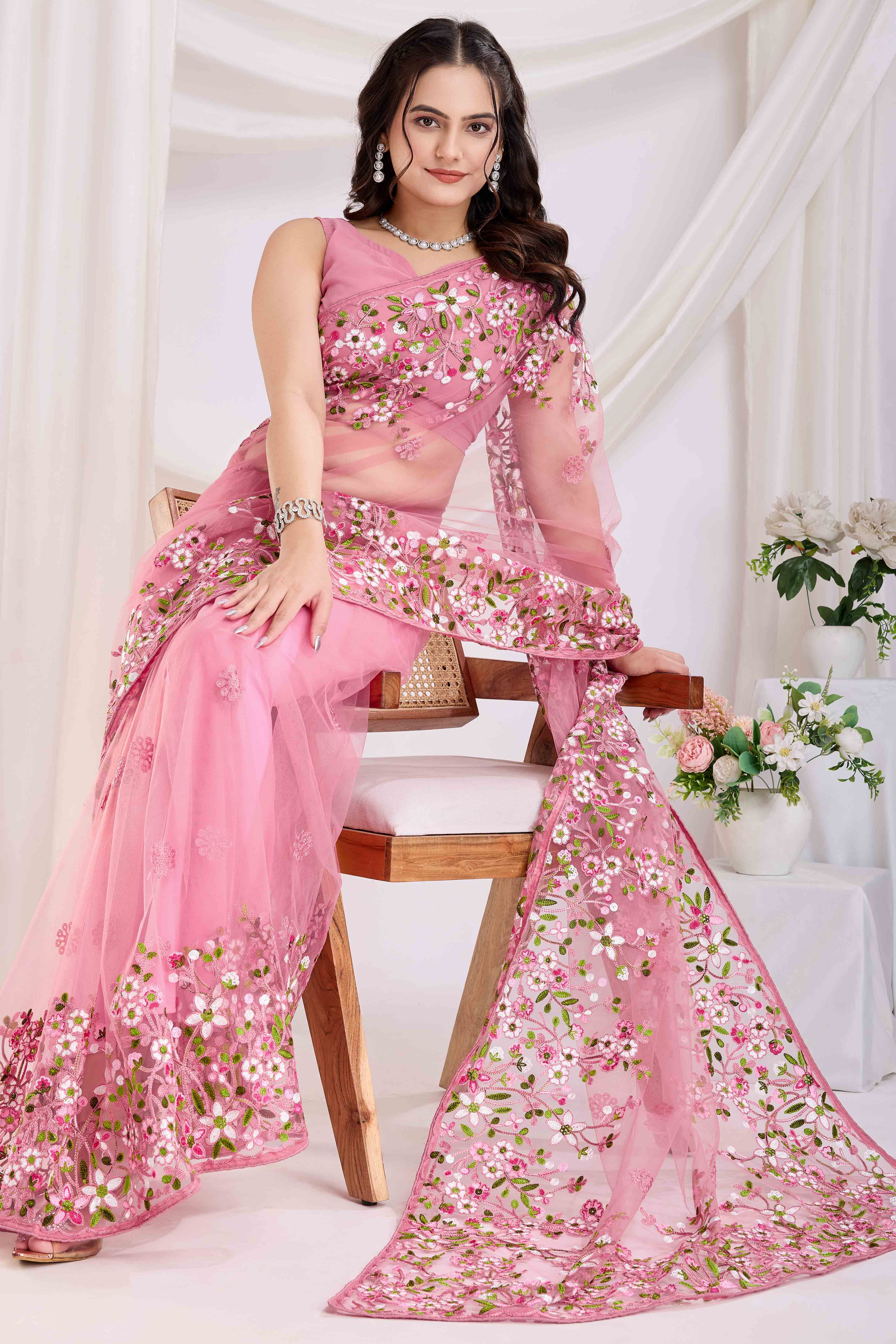 Pink Floral Embroidered Net Saree