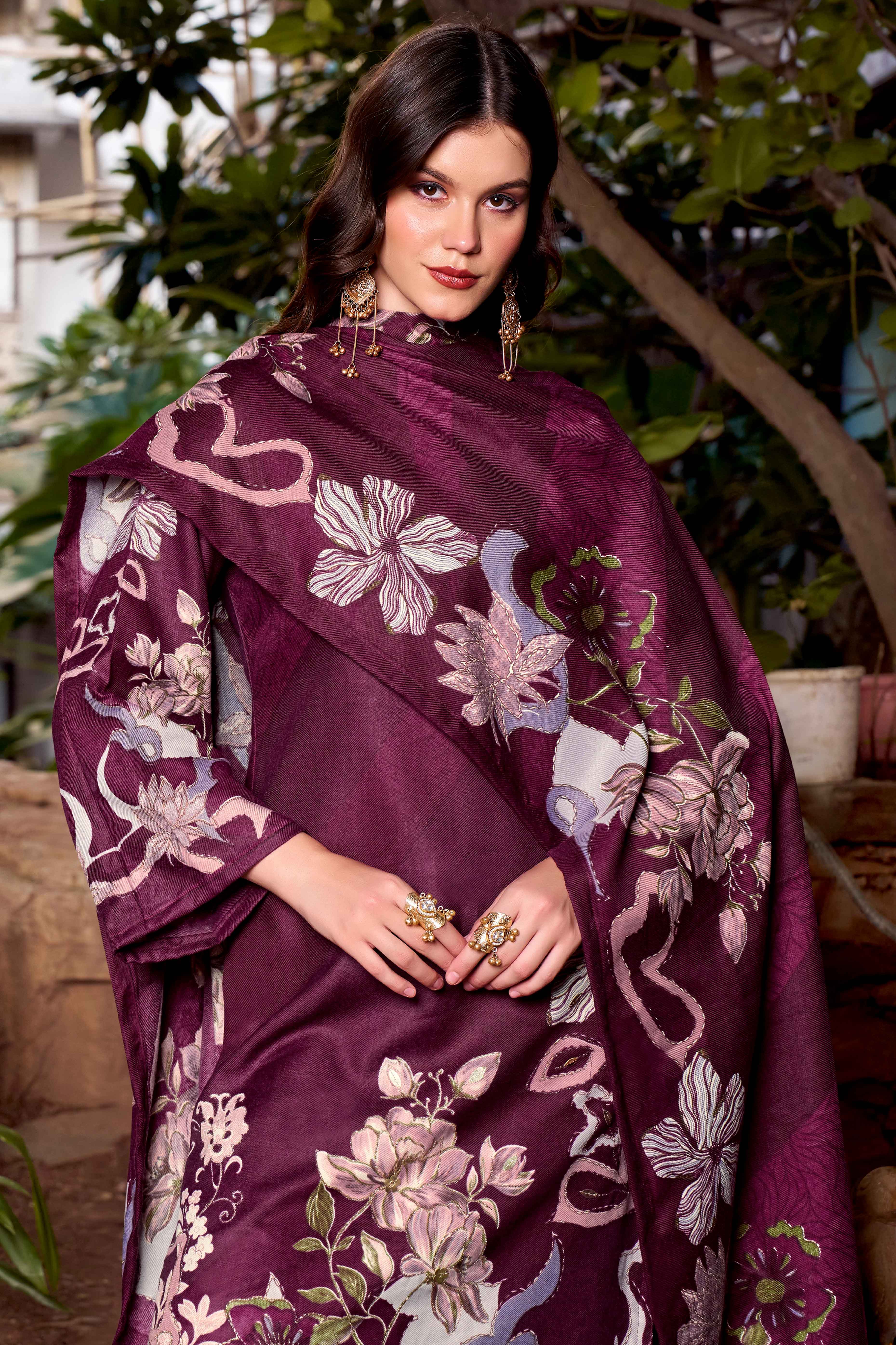 Purple Elegant Floral Printed Pure Pashmina Dress Material for Winter Wear